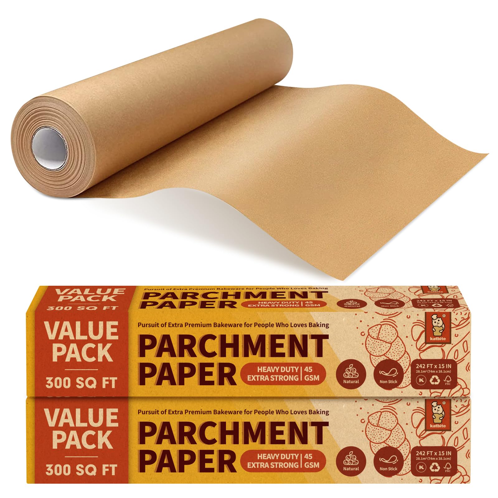 2 Value Pack 15in x 242ft, 300 Sq.Ft Unbleached Parchment Paper Roll for Baking, Katbite Parchment Baking Paper with Serrated Cutter, Non-stick Parchment Roll for Cooking, Air Fryer, Steaming, Bread