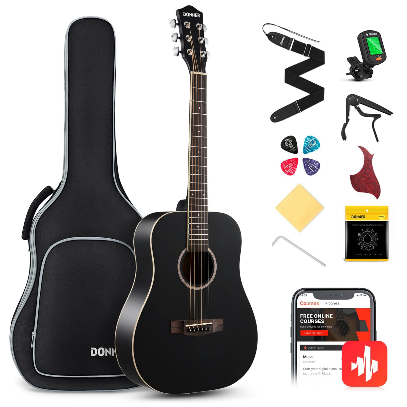 Donner 36'' Dreadnought Acoustic Guitar 3/4 Size Black Guitar Bundle Package Kit for Beginner Kid Teen Student Adult Travel, Spruce Wood With Gig Bag Capo Tuner Strap String Guitar Picks DAG-1MB