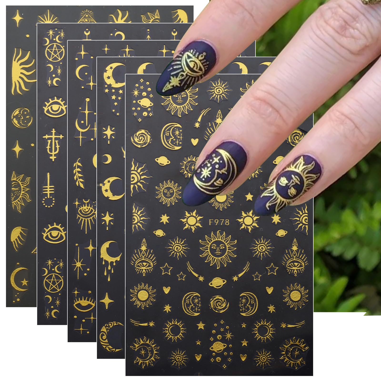 JMEOWIO 8 Sheets Moon Star Sun Nail Art Stickers Decals Self-Adhesive Gold Nail Supplies Nail Art Design Decoration Accessories