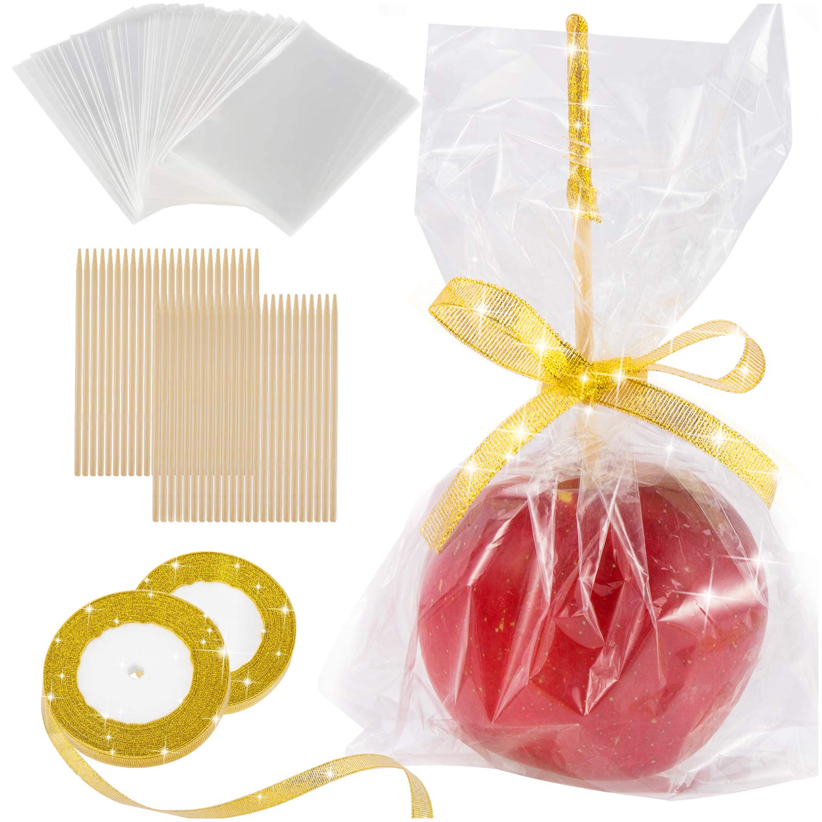 ANPHSINCandy Apple Sticks Bags - Halloween DIY Caramel Apple Kits, 2 Rolls of Glitter Ribbon Large Lollipop Kits for Trick or Treat Gifts Birthday Party Homemade Fruit Cookie Wrapping (Gold 96 Pcs)