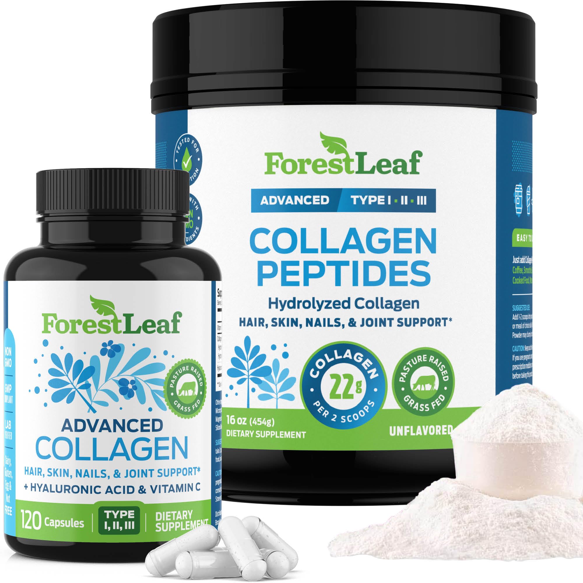 ForestLeafCollagen Supplements Bundle - 2-in-1 Hydrolyzed Collagen Peptides Powder and Collagen Pills - Grass Fed Bovine Collagen for Women and Collagen for Men