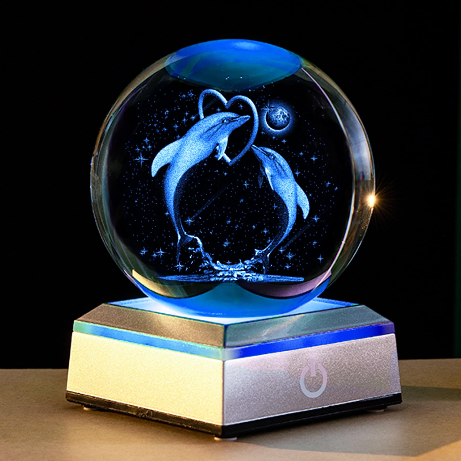 ERWEI 3D Dolphin Crystal Ball with lighted Base Dolphin Gifts for Mom Women Decorative Glass Ball Night Light Engraved Dolphin Sphere Decoration Gifts for Mothers Day Birthday Anniversary