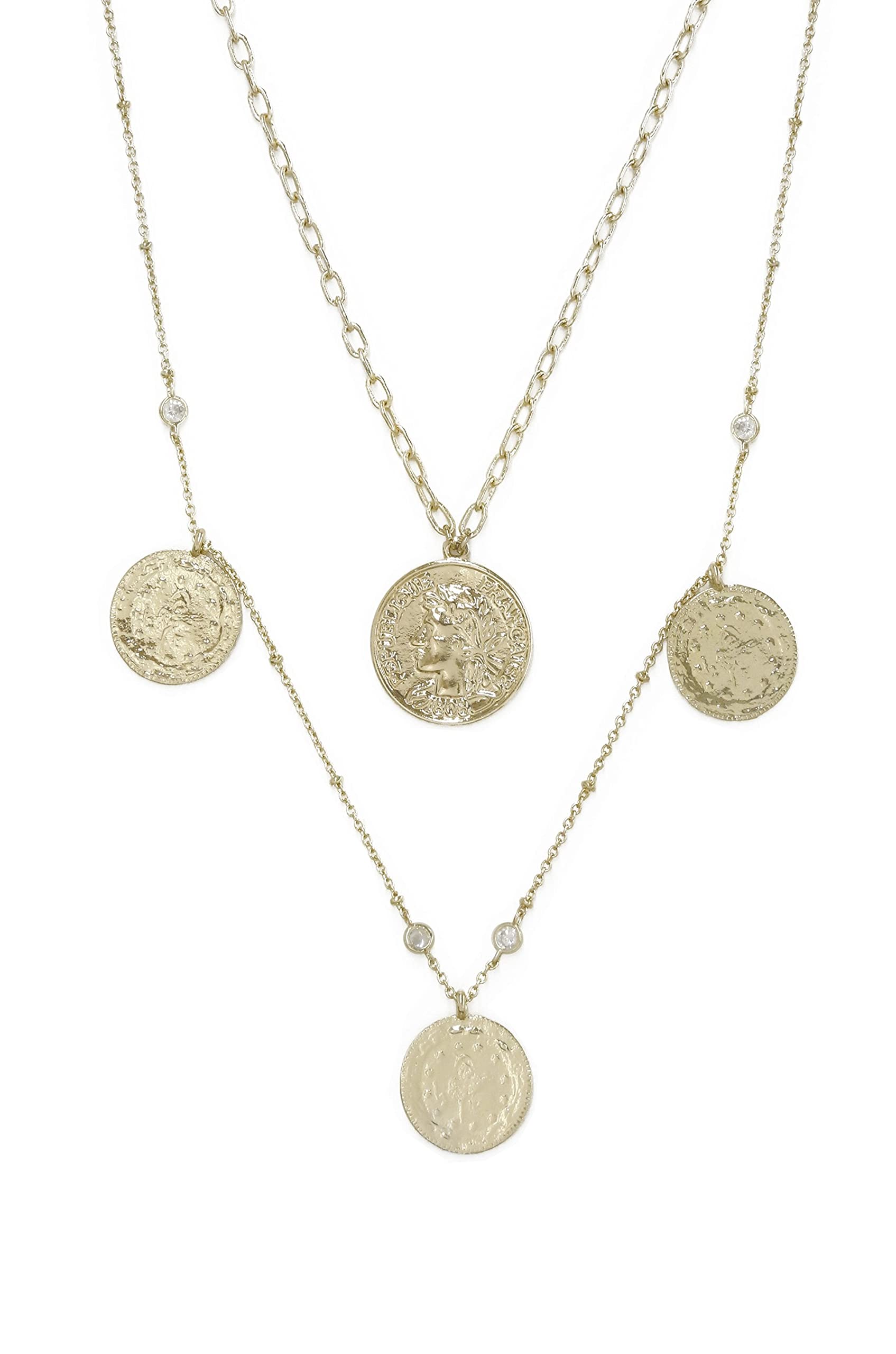 EttikaElite Coin and Crystal Gold Plated Layered Pendant Necklace Set