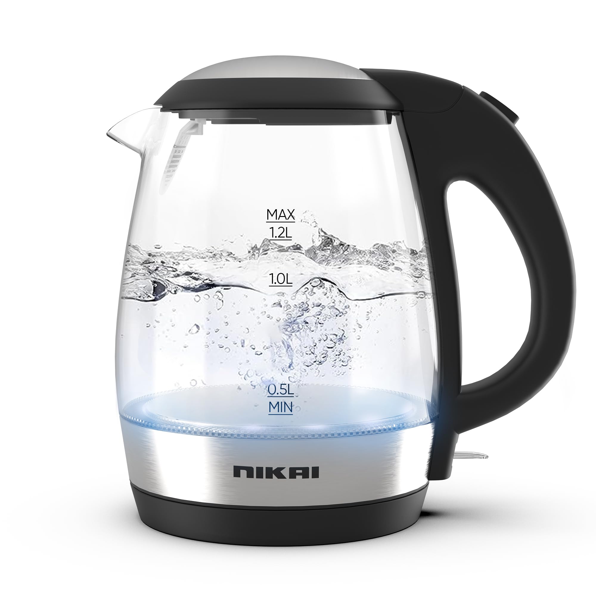 Nikai 1.2L, 2200W Compact, Cordless Electric Glass Kettle Boiler, Automatic Shut Off, Boil Dry Protection, LED Indicator, Integrated Filter, 360° Rotating Base, For Home & Office Use -NK303G