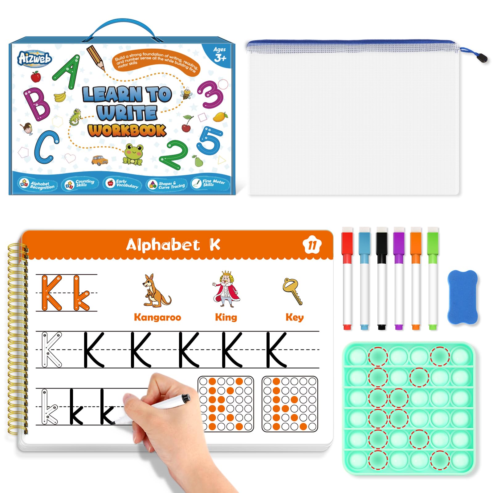 Aizweb Handwriting Practice for Kids,Learn to Write,Pre k Toddler Preschool Kindergarten Learning Activities,Number Shape Letter Tracing Writing Workbook,ABC Alphabet Autism Pop Board Montessori Toys