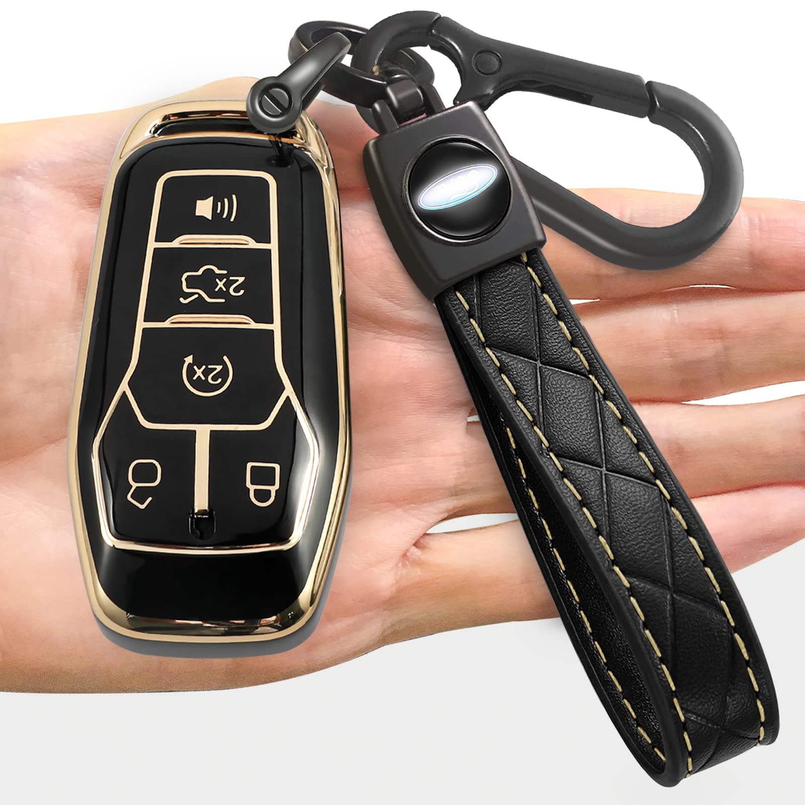 Lyonuczs for Ford Key Fob Cover, Soft TPU with Keychain Key Fob Case Shell Holder Full Protection Compatible with Ford Fusion F-150 Edge Explorer Mustang Lincoln MKZ MKC Smart Key 5 Buttons, Black