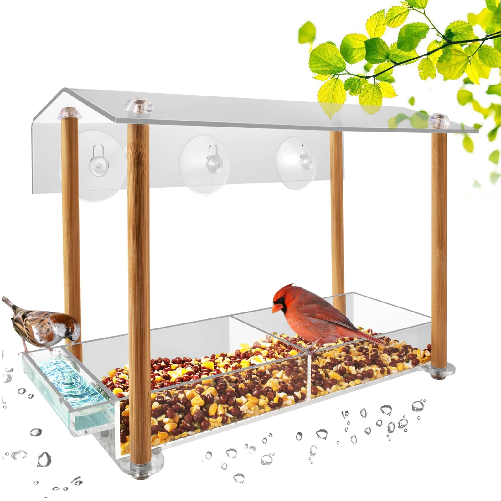 HHXRISE Bird Feeder, Window Bird Feeder for Outside with Strong Large Size Suction Cups, Clear Acrylic Bird House for Viewing with Detachable Seed Tray, Drinking-Water Sink, Rainproof Roof, Drain Hole