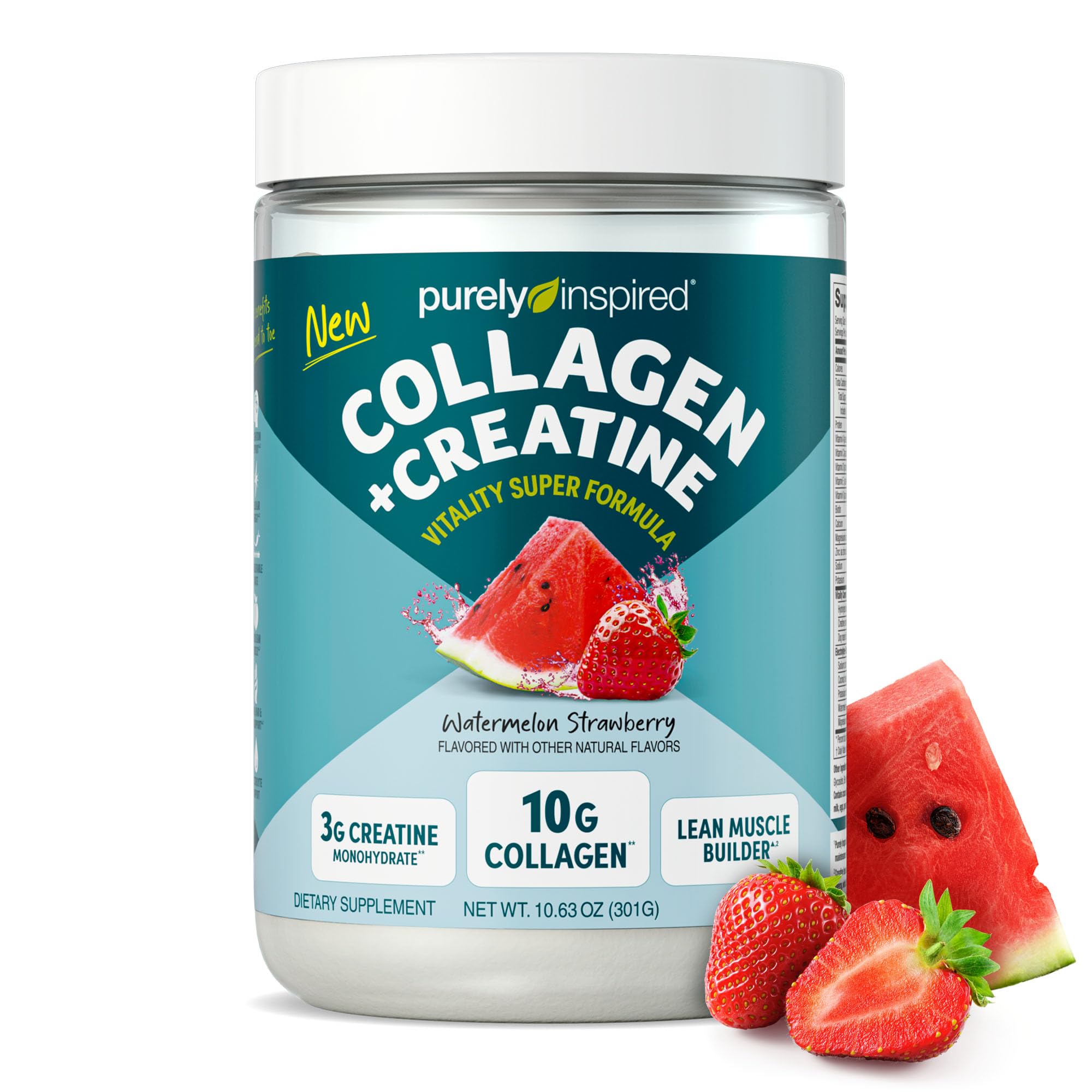 Purely Inspired Collagen and Creatine Powder, Watermelon Strawberry - 10g Collagen & 3g Creatine Builds Lean Muscle - Flavored Drink Mix with Key Electrolytes - Gluten-Free & Zero Sugar