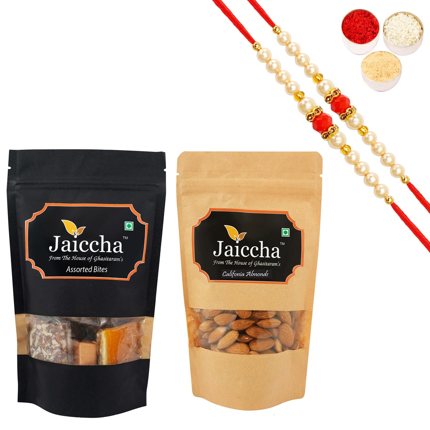 JaicchaGhasitaram Gifts Rakhi Gifts for Brothers Rakhi Sweets - Pack of 2 Assorted Bites 100 GMS and Almonds 100 GMS Pouches with 2 Pearl Beads Rakhis