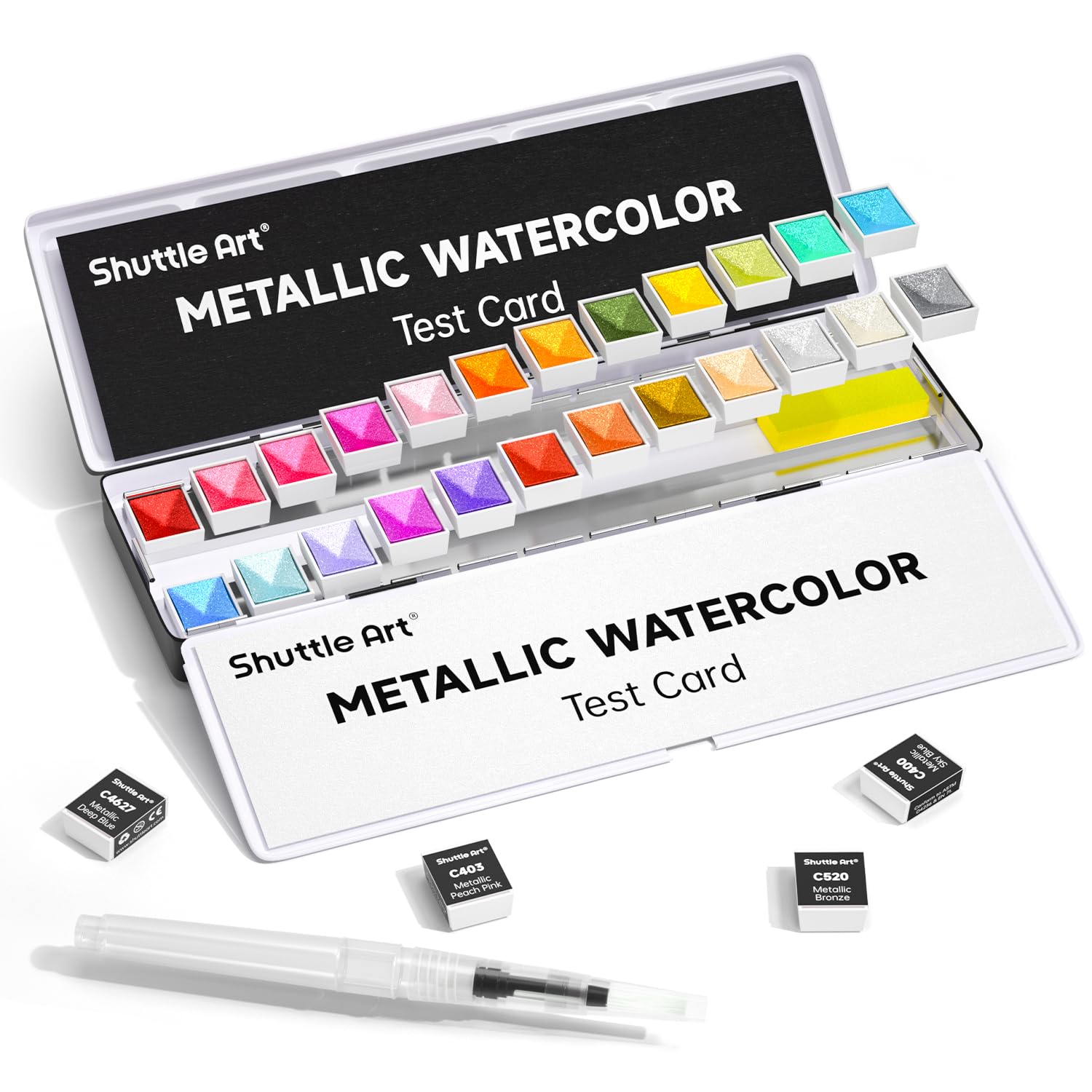 Shuttle Art Metallic Watercolour Paints Set, 24 Colours Glitter Watercolour Paints in Half Pan with Water Brush Pen Watercolour Pad &Metal Box, Art Supplies for Watercolour Painting, Calligraphy