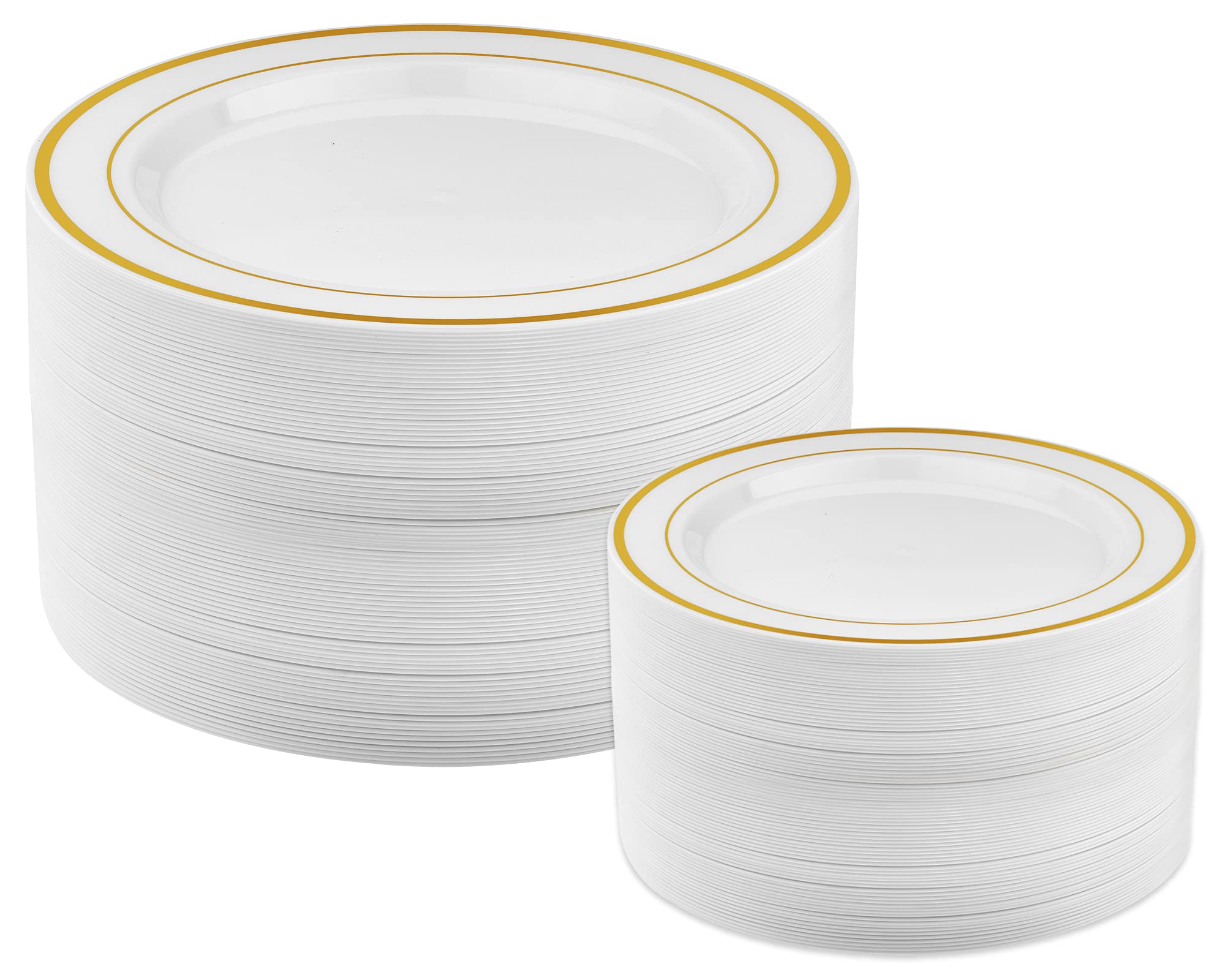 Prestee 50-pc Plastic Gold Plates, 25 Plastic Dinner Plates and 25 Salad Small Plastic Plates, White/Gold Rimmed Plastic Plates for Dessert Appetizer Parties Holiday Wedding Plastic Plates