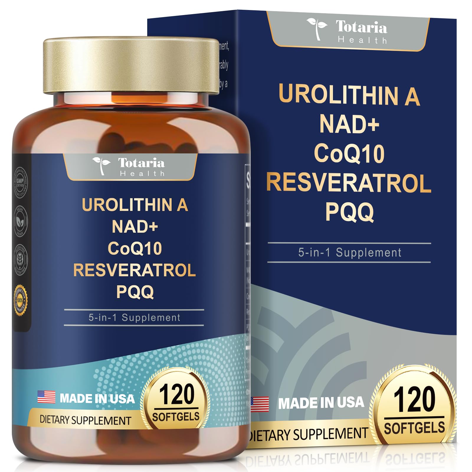 Urolithin A Supplement 1000mg with NAD+,CoQ10,Resveratrol,PQQ Supplement for Men Women 120 Softgels for Muscle Energy Antioxidants Vegan High Bioavailability