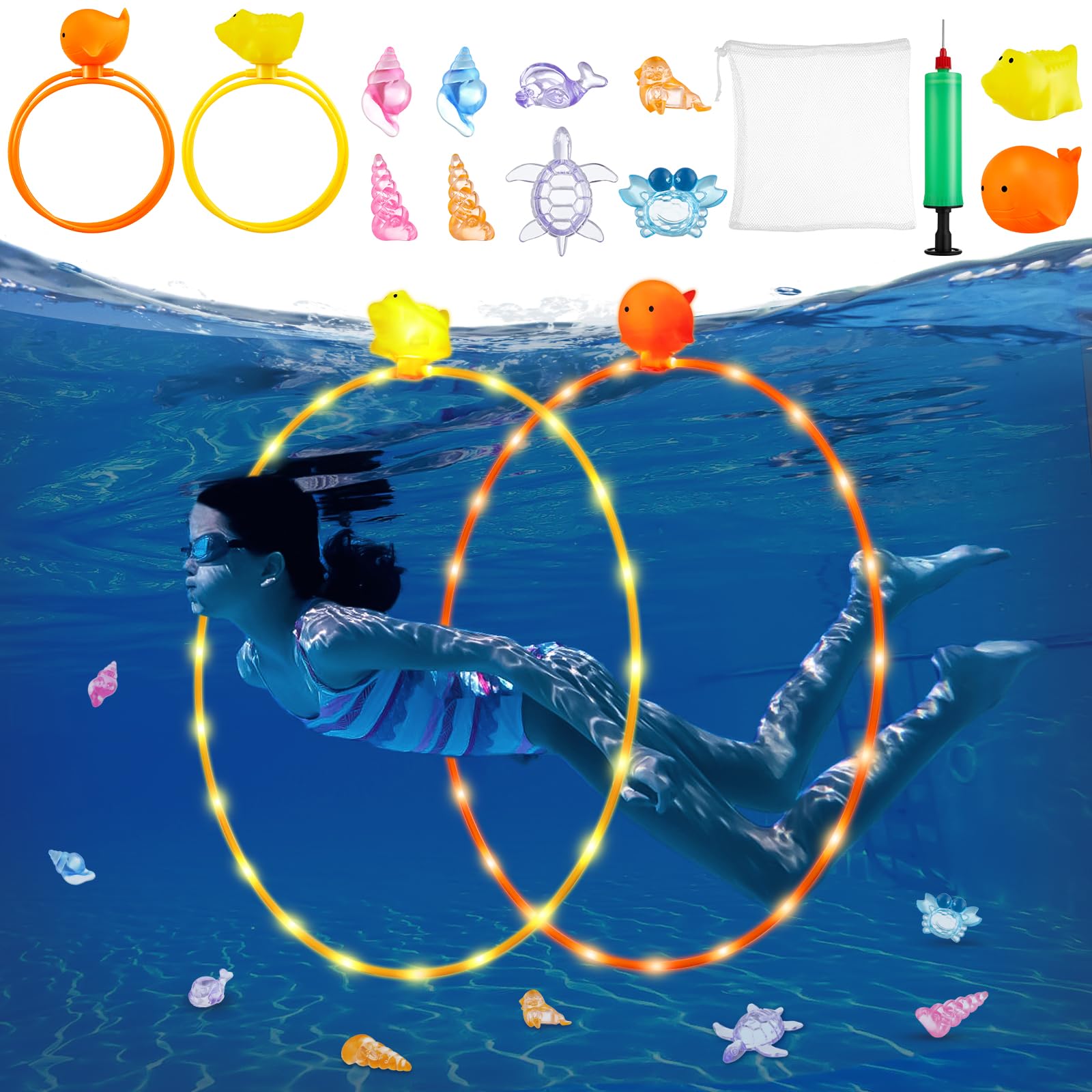 Anpro Swimming Pool Toys, 14Pcs Diving Toys Swim Through Rings Gems Diving Toy for Kids Ages 3-12, Diving Practice, Floating Toys for Kids Pool, Pool Floats Accessories for Water Sport