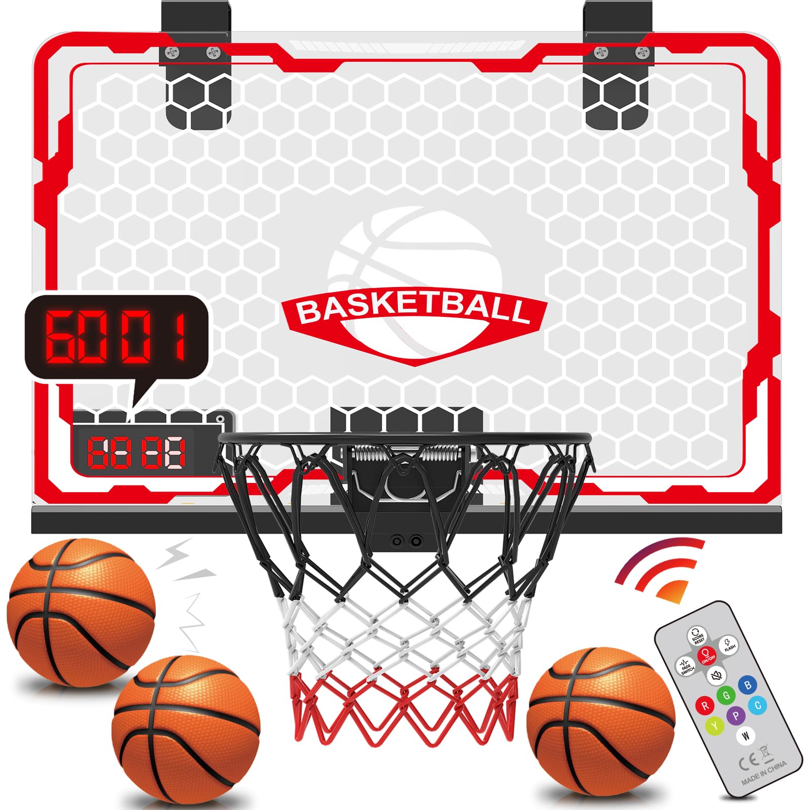 Basketball Hoop Indoor for Kids Ages 8-13: Over The Door Basketball Hoop with 3 Mini Basketballs & 9 Modes LED Lighting Electronic Scoreboard, Gifts for 5 6 7 8 9 10 11 12 13 Year Old Boys Girls