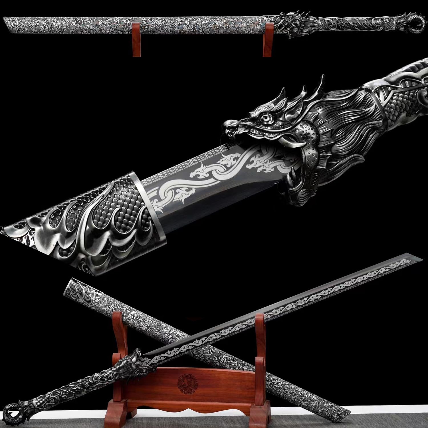 HERO SWORD Chinese Black Dragon Sbare Sword Combat Ready Manganese Steel Full Tang Blade Broadsword Very Sharp Katana Samurai Sword Cool Knives Practice Kungfu Wushu Dao