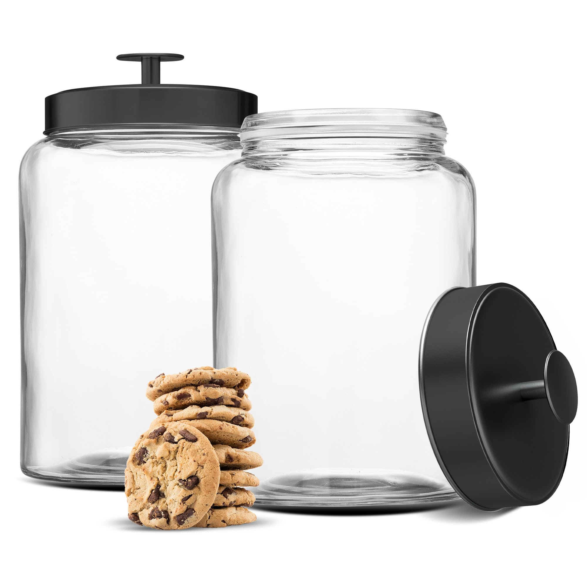 KooK Glass Storage Containers with Lids, Glass Jar with Lid, 1 Gallon, Set of 2, Glass Canister, Storage, Laundry, Kitchen Jar, (Circular, Black)