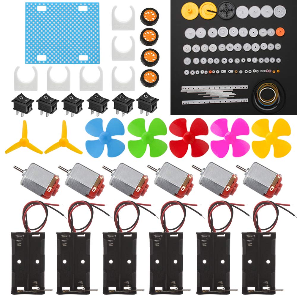 6 Set DC Motor Kit, Rectangular Electric 1.5-3V 24000RPM Mini Motor with 86 Pcs Plastic Gears, 2 x AA Battery Holder,Motor Mounting Bracket,Boat Rocker Switch,Shaft Propeller for DIY Science Projects