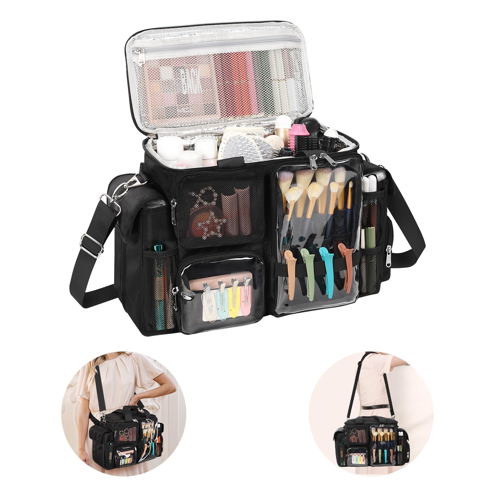 Hairstylist Traveling Bag, Hair Tool Organizer Hairdresser Bag with Adjustable Dividers, Hair Tools Travel Bag with Multi Pockets, Hairdressing Bag Makeup Artist Bag with Shoulder Strap & Waist Strap