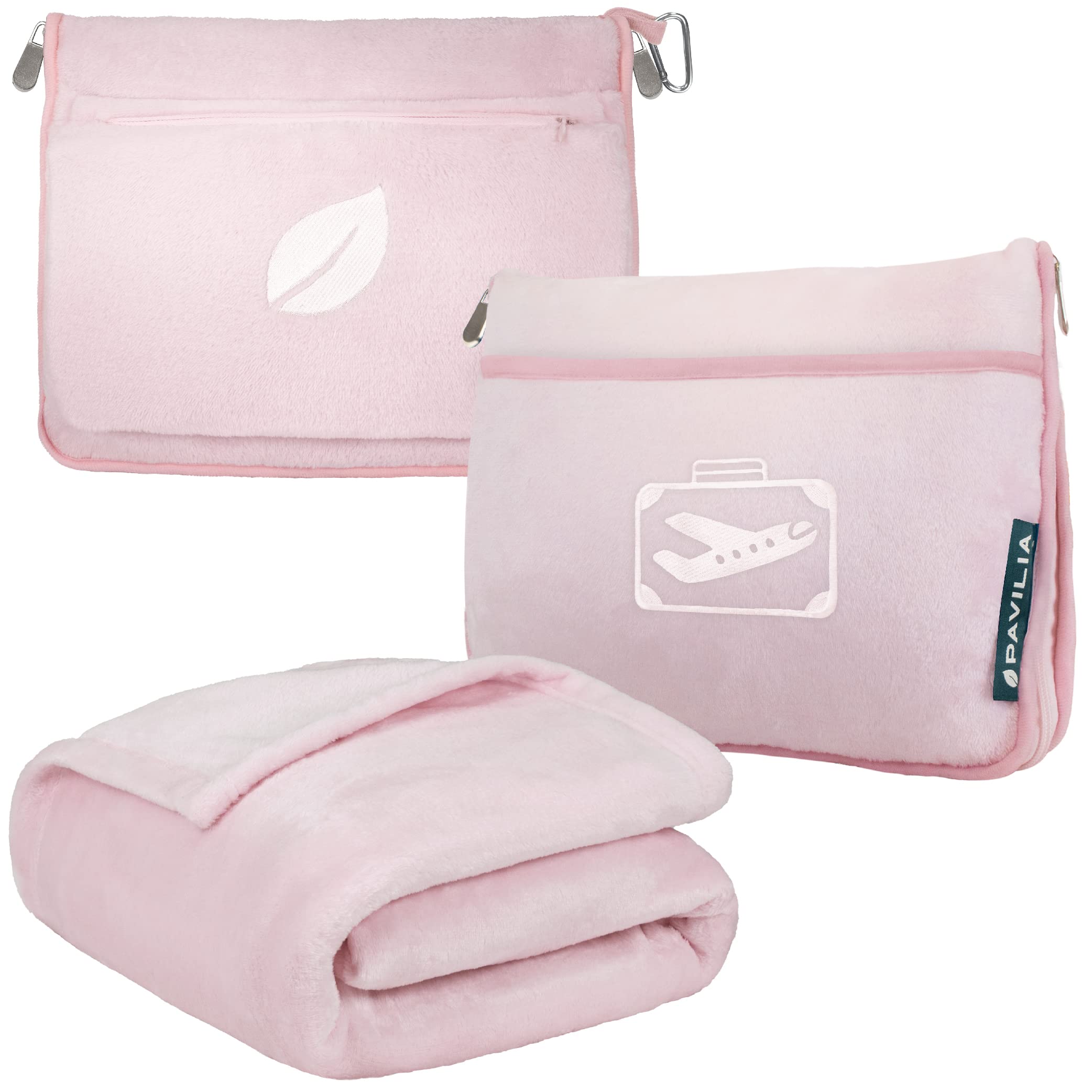 PAVILIAPAVILIA Travel Blanket Pillow in Soft Bag with Pockets, Airplane Blanket Set, Plane Blanket Compact Packable, Flight Essentials Car Pillow, Travelers Accessories Gifts, Luggage Strap, Light Pink