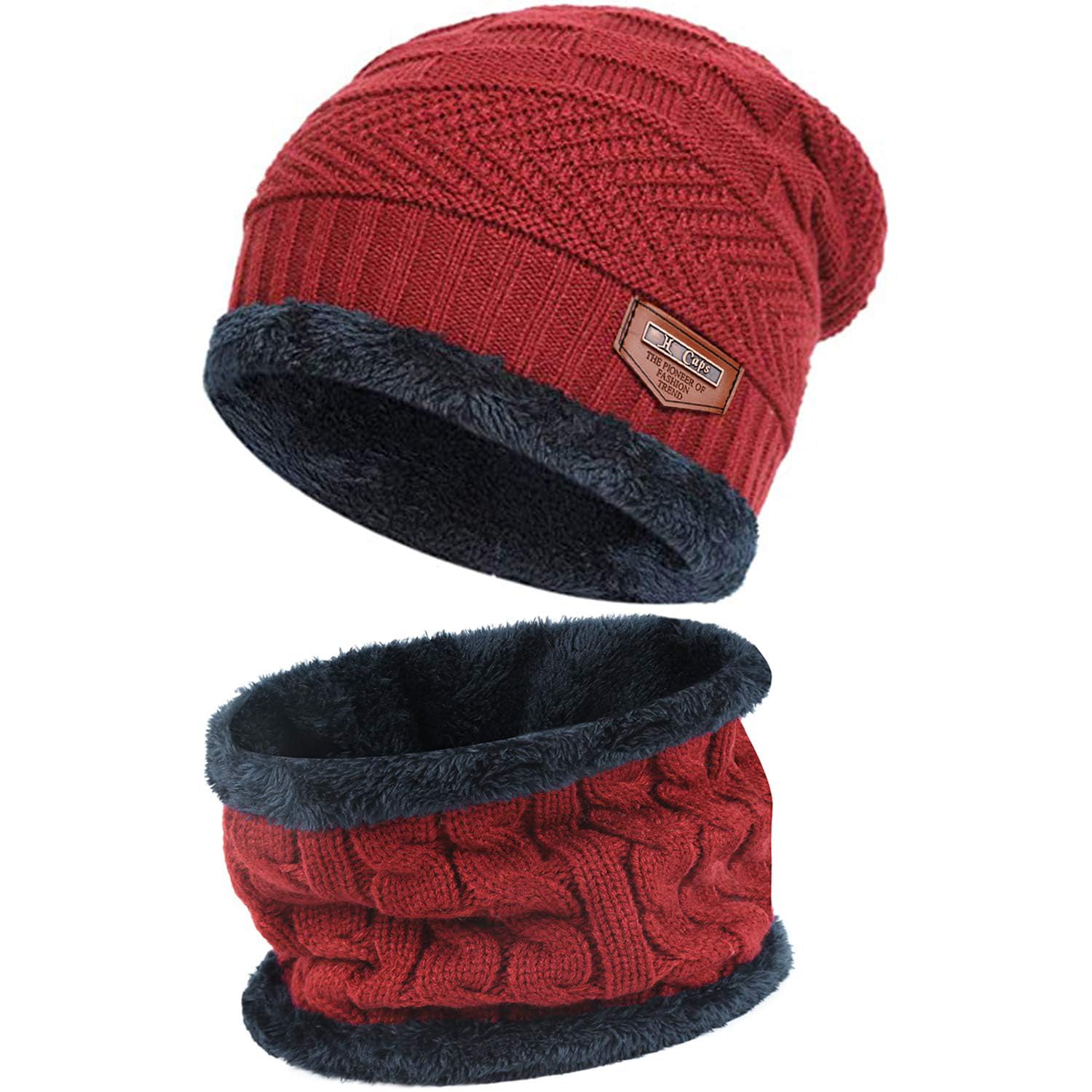 FZ FANTASTIC ZONEMens Womens Winter Beanie Hat Scarf Set Warm Knit Thick Fleece Lined Skull Cap Neck Warmer for Men Women D Red