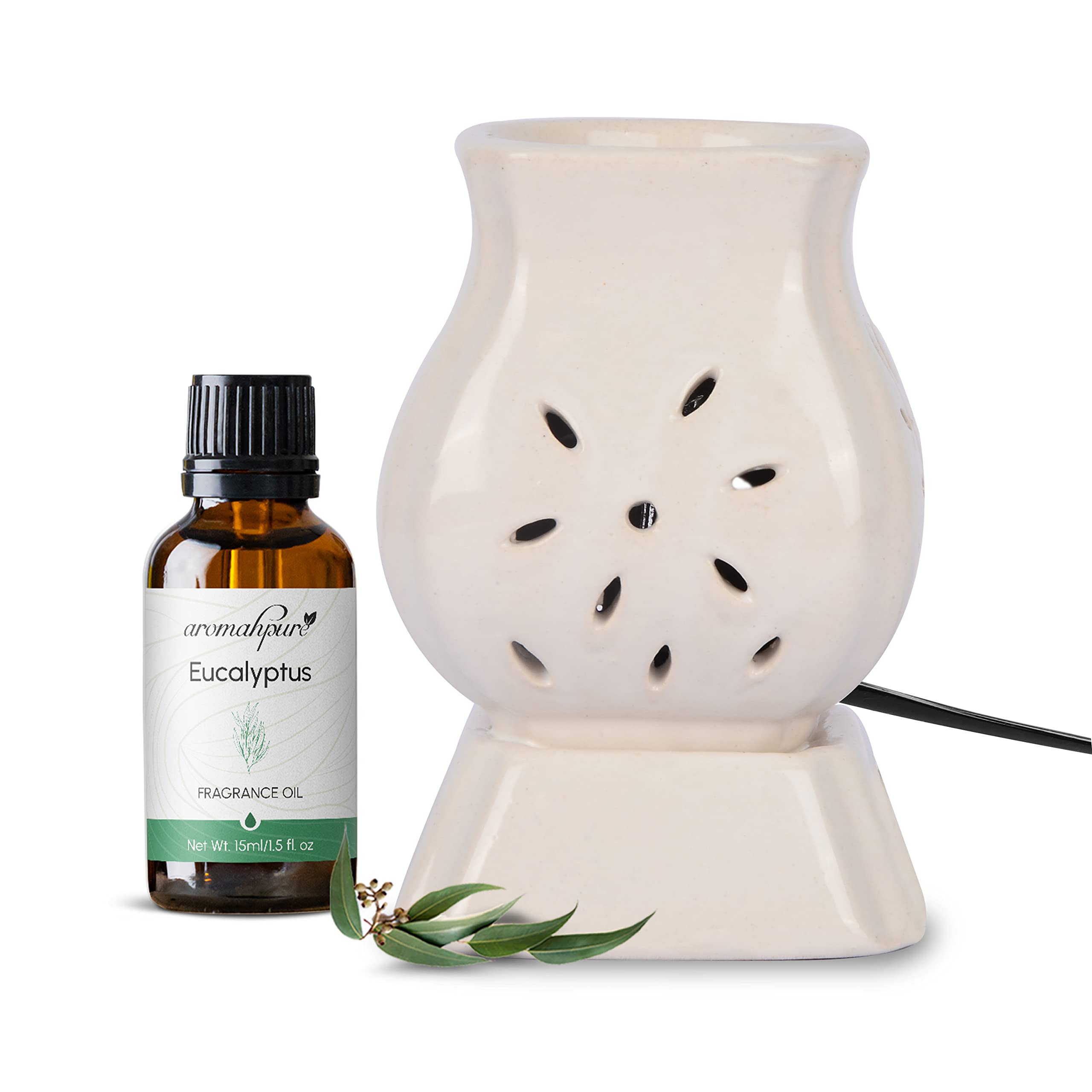 Aromahpure White Electric Ceramic Flower Pot Design Diffuser 15 ml Fragrance Oil | Scented Diffuser Eucalyptus Breeze | Elegant Diffuser for Home, Mandir, Office, Desk Decoratives, Gifting