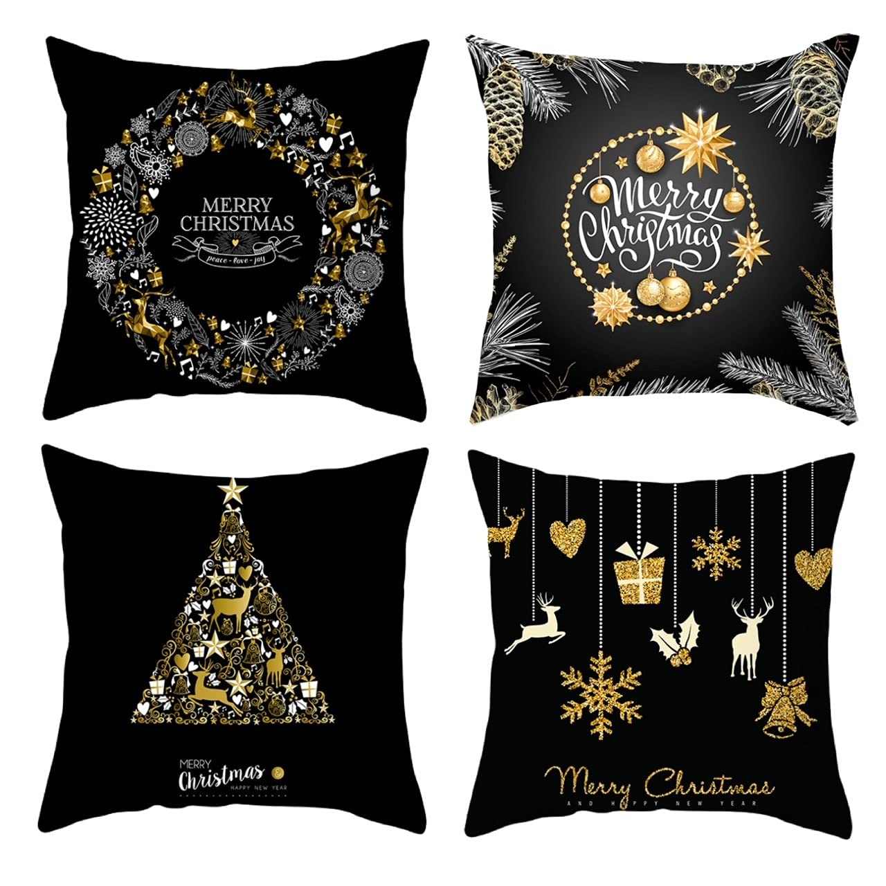 eBoutikSet of Four Christmas Cushion Covers - Festive Pillow Designs For Sofa & Beds - Decorative Accessories (Black & Gold)