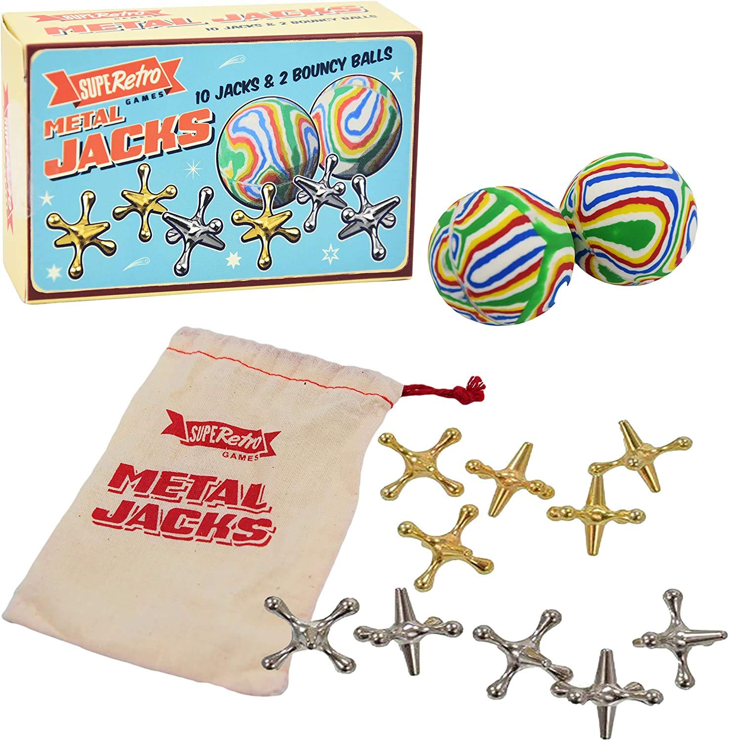 Traditional Retro Metal Jacks Family Game with 2 Rubber Swirly Bouncy Balls and 10 Heavy Metal Jacks for Playing Knucklebones, Fivestones and Game of Jacks. Instructions and Cloth Carry Bag Included