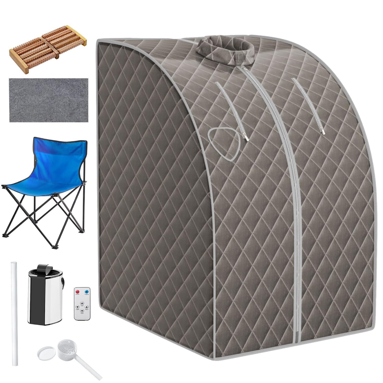 RELAX4LIFE Portable Steam Sauna, Folding Full Body Steamer Tent with Remote Control, Folding Chair, Foot Massage Roller, 9-Level Temperature & Timer, Personal Spa Box for Detoxify Slimming (Grey)