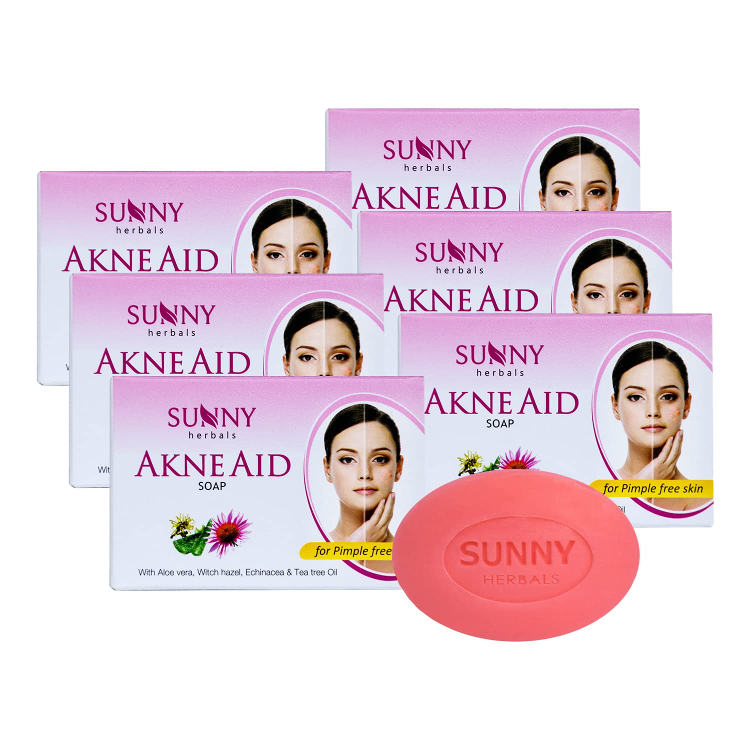 Sunny Akne Aid Soap with Witch Hazel, Tea Tree Oil, Echinacea & Aloe Vera | Removes Excess Oil & Reduces Skin Infections | Rejuvenates & Acne-Free | 75 gm (Pack of 6)