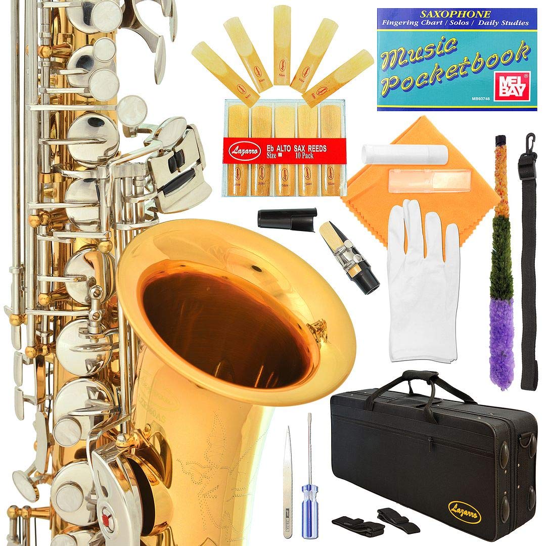 360-LN - GOLD Body/Silver Keys Eb E Flat Alto Saxophone Sax Lazarro+11 Reeds,Music Pocketbook,Case,Care Kit - 24 Colors with Silver or Gold Keys