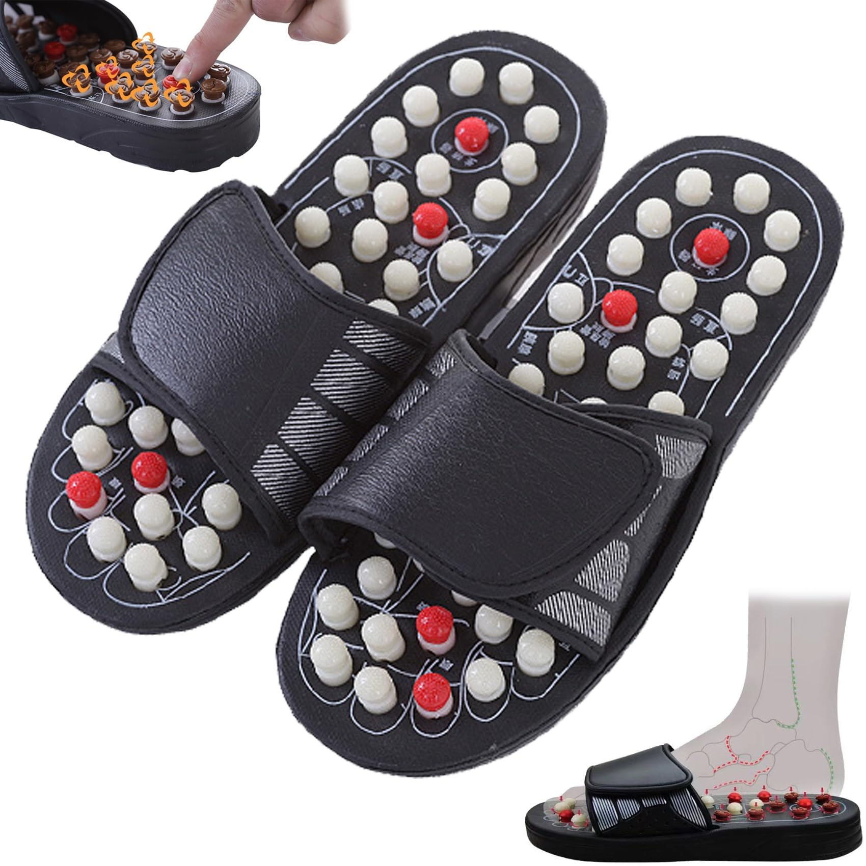 Sensori Wellness Slippers, Sensori Acupressure Slides, Acupressure Foot Massage Slippers Shoes Sandals Reflexology Massager, for Feet Pain Relief (Black, Women US 9.5-10.5/Men US 8-9)