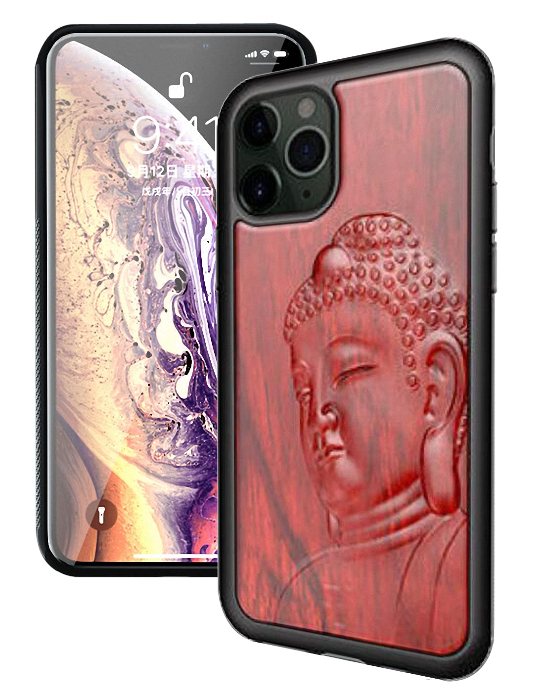 Natural Huanghuali Rosewood Carved Phone Basic Case for iPhone Series (Shakyamuni Amitabha Buddha, iPhone 12 6.1")