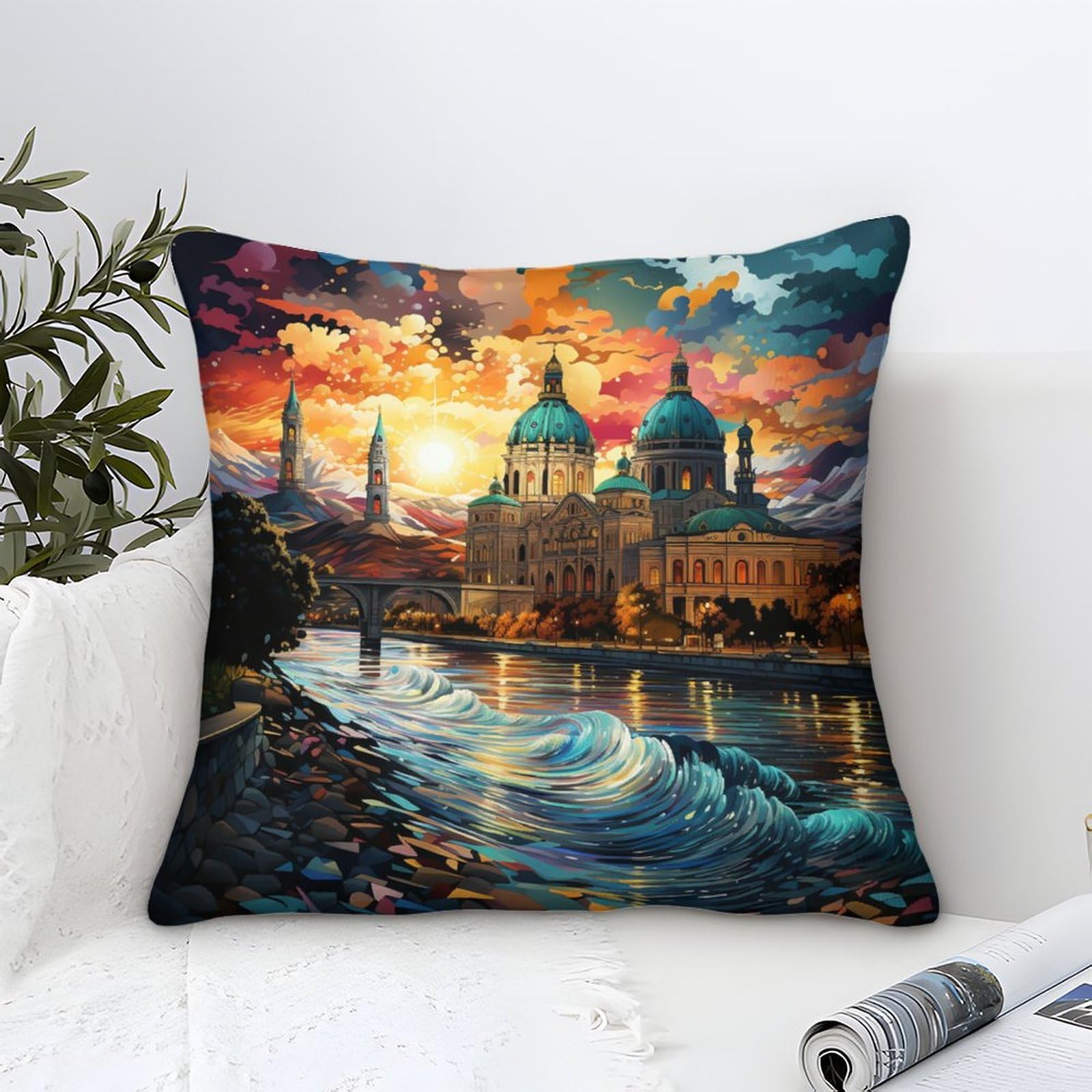 Pillow Cover ，Federal Palace of Switz Digital Printing ，Water Resistant Linen with Invisible Zipper，Cushion Cover for Couch, 。Size: 40 x 40 cm (16 x 16 inches)