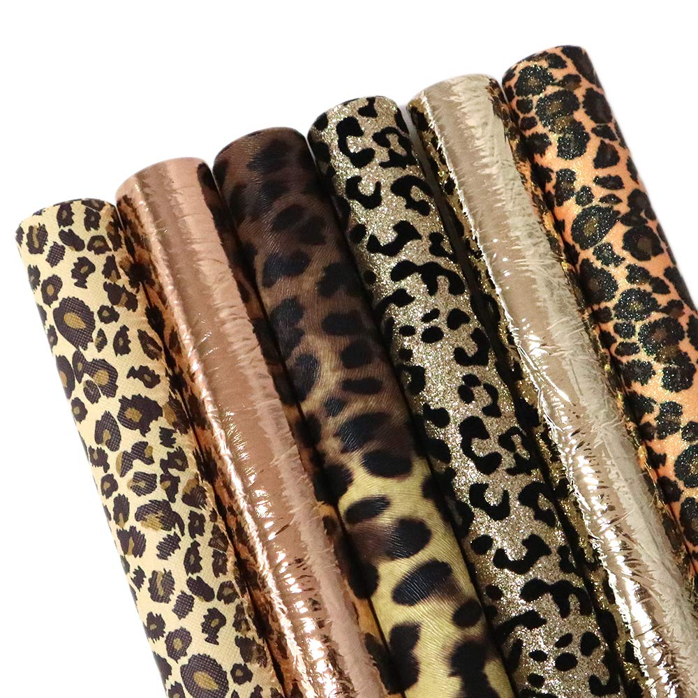 (Leopard Pattern B) - David Angie Leopard Printed Faux Leather Sheet Metallic Burst Crack Synthetic Leather Fabric Assorted 6 PCS 7.9" x 13.4" (20 cm x 34 cm) for Hair Accessories DIY Crafts Making...