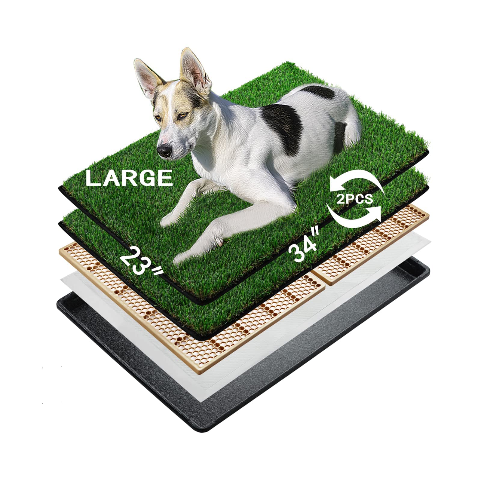 MEEXPAWS Dog Grass Pee Pads for Dogs with Tray | Large 34×23 in | 2× Dog Artificial Grass Pads Replacement| Rapid Drainage | Indoor Dog Litter Box | Hemmed Edge