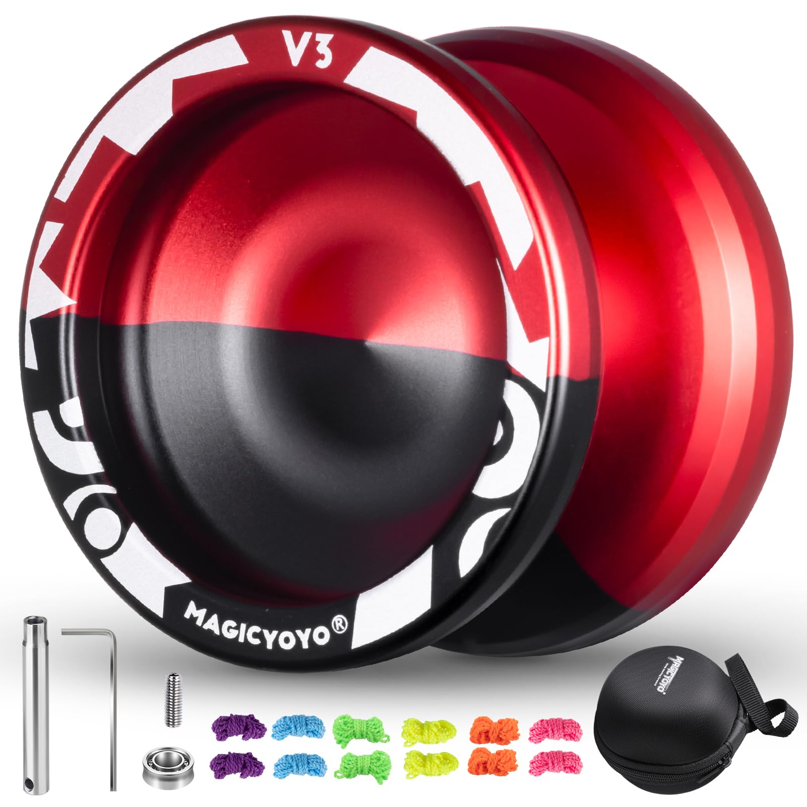 MAGICYOYO V3 Yoyo Professional Responsive Yoyo for Kids Beginners, Dual Purpose Yoyo Metal Yoyo with 12 Yoyo Strings + Storage Bag+ KK Bearing + Bearing Removal Tool + Axle (Black-and-Red)