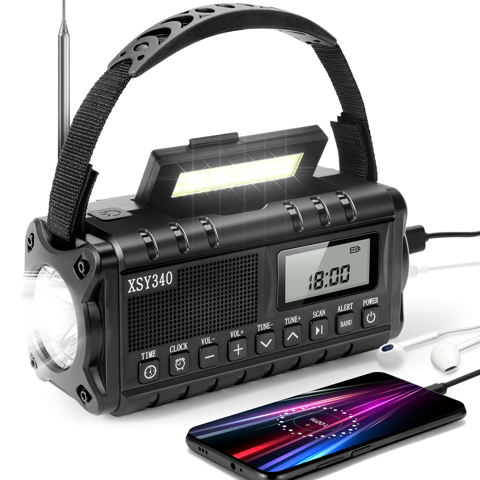 10000mAh Emergency Weather Radio, Power Bank Charger& Frashlight with Reading Light, FM/NOAA Weather Alert, Solar Charging, Hand Crank,Alarm Clock & SOS Alarm for Camping & Outdoors