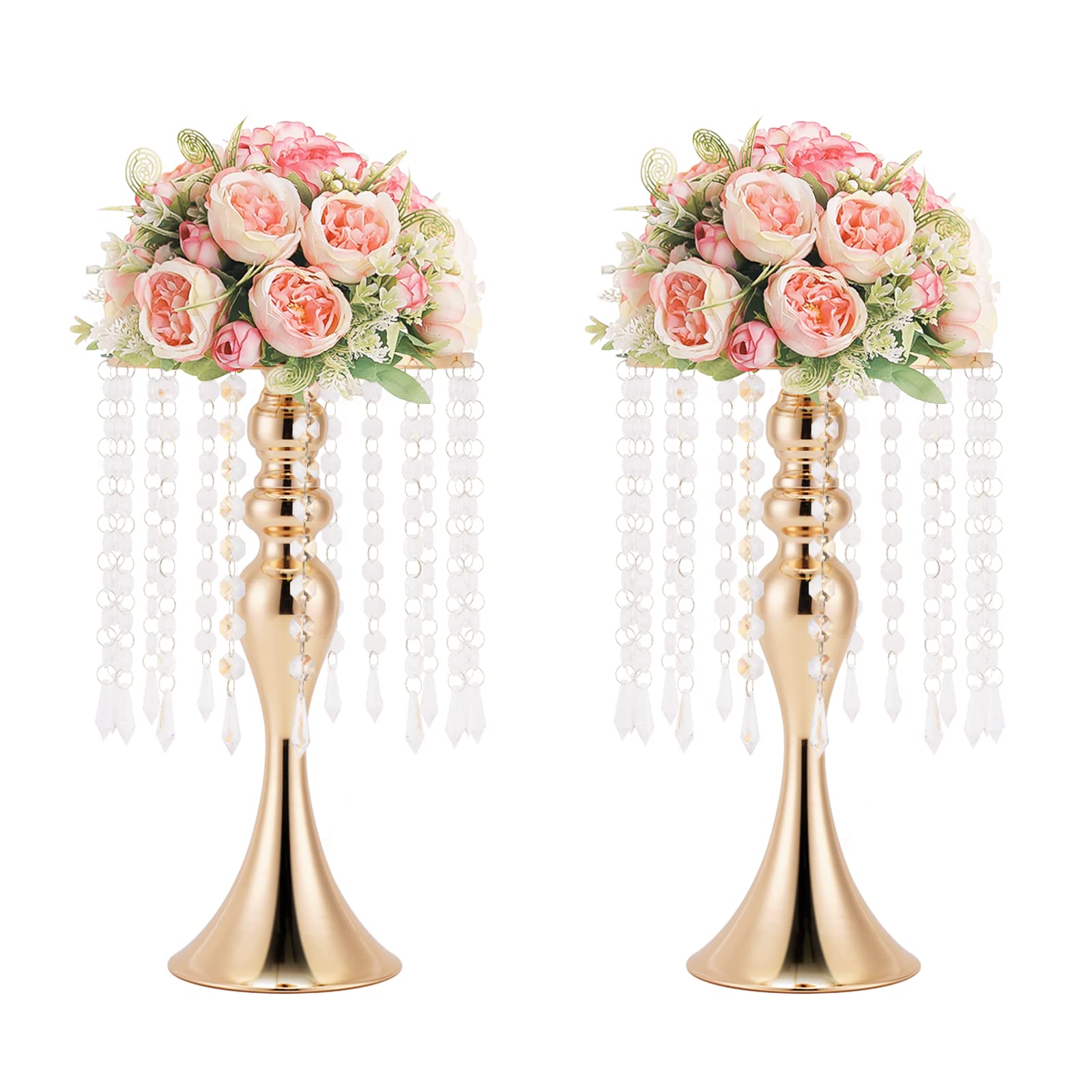 2Pcs 13.0inch Wedding Centerpieces for Tables, Flower Stand with Chandelier Crystal, Gold Flower Vase, Centerpiece Table Decorations, Metal Flower Stand for Wedding, Reception, Party, Events, Home