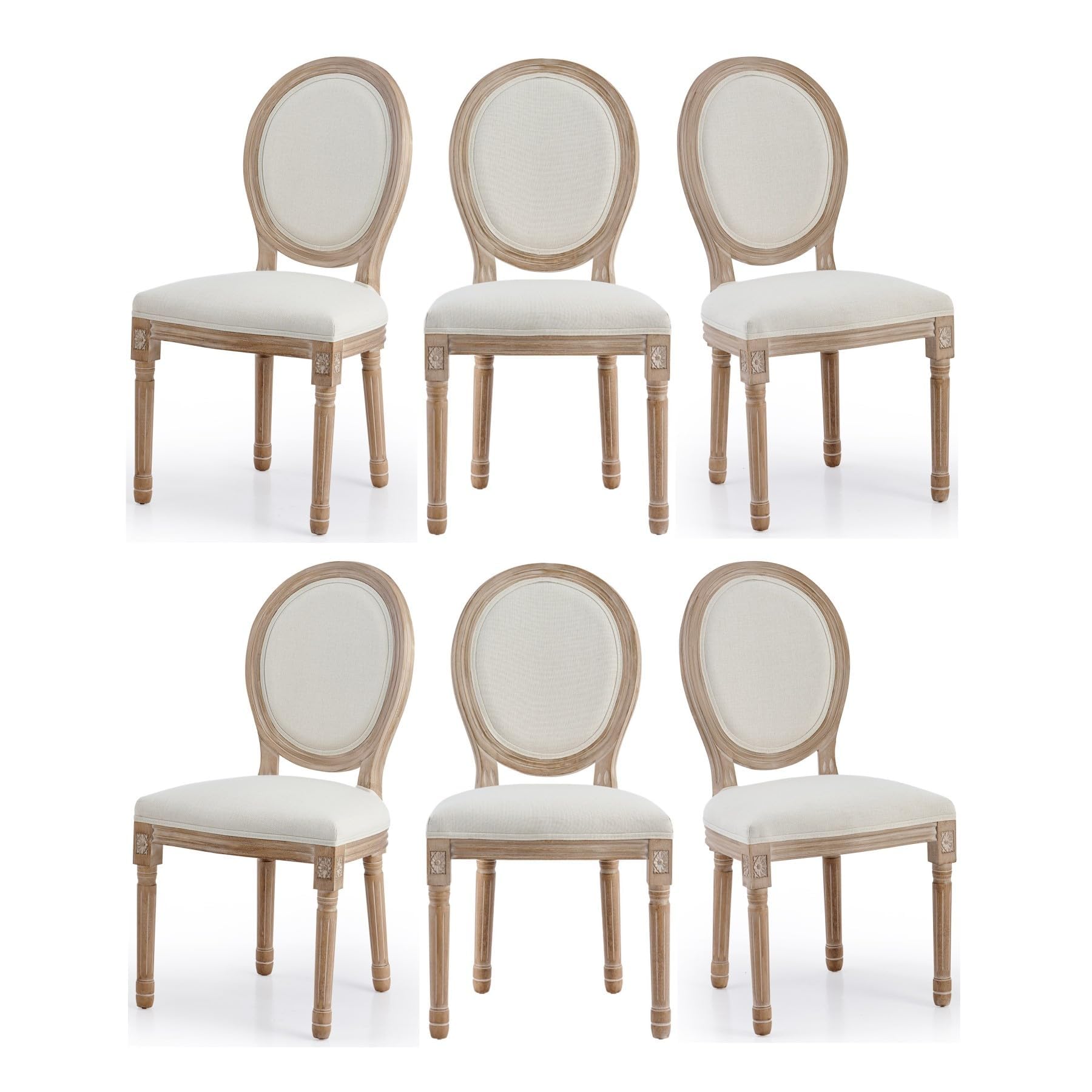 VONLUCE Accent Chairs Set of 6, French Upholstered Dining Chairs for Bedroom Living Room Kitchen, Vintage Vanity Chairs with Oval Birch Backrests Rubberwood Legs, Louis XVI Farmhouse Home Decor, Beige