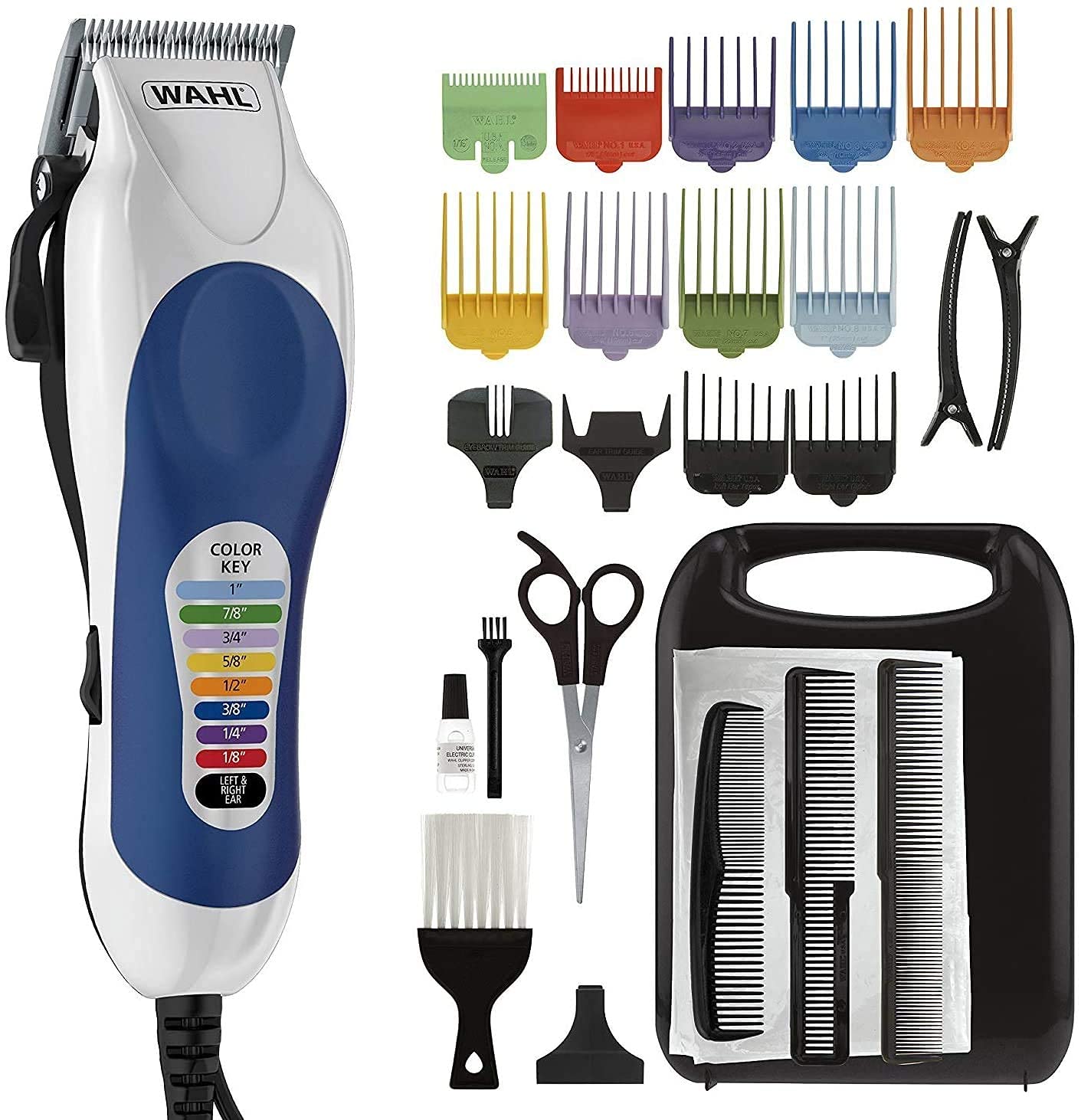 WAHL Color Pro Hair Clipper, Corded Hair Cutting Kit, 8 color-coded attachment combs, Precision ground blades trimmer for men, easy match color corded guard, 9 attachment combs, 79400-637