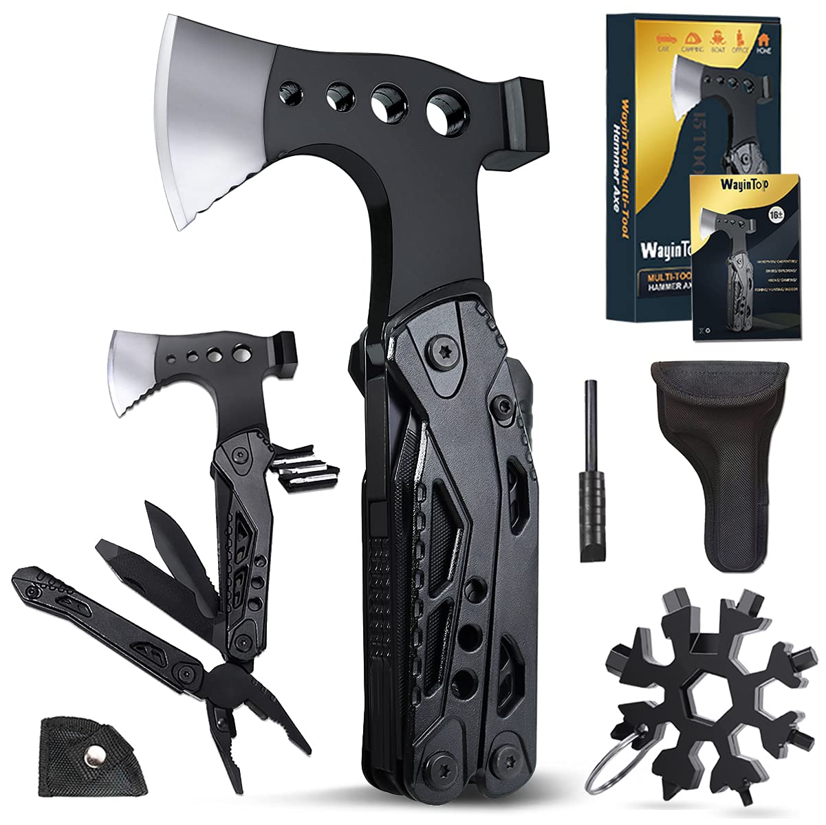 WayinTopMulti-tool Survival Gear 15-in-1 Hatchet with Axe Hammer Pliers Saw Screwdrivers Bottle Opener Whistle & Magnesium Rod for Camping