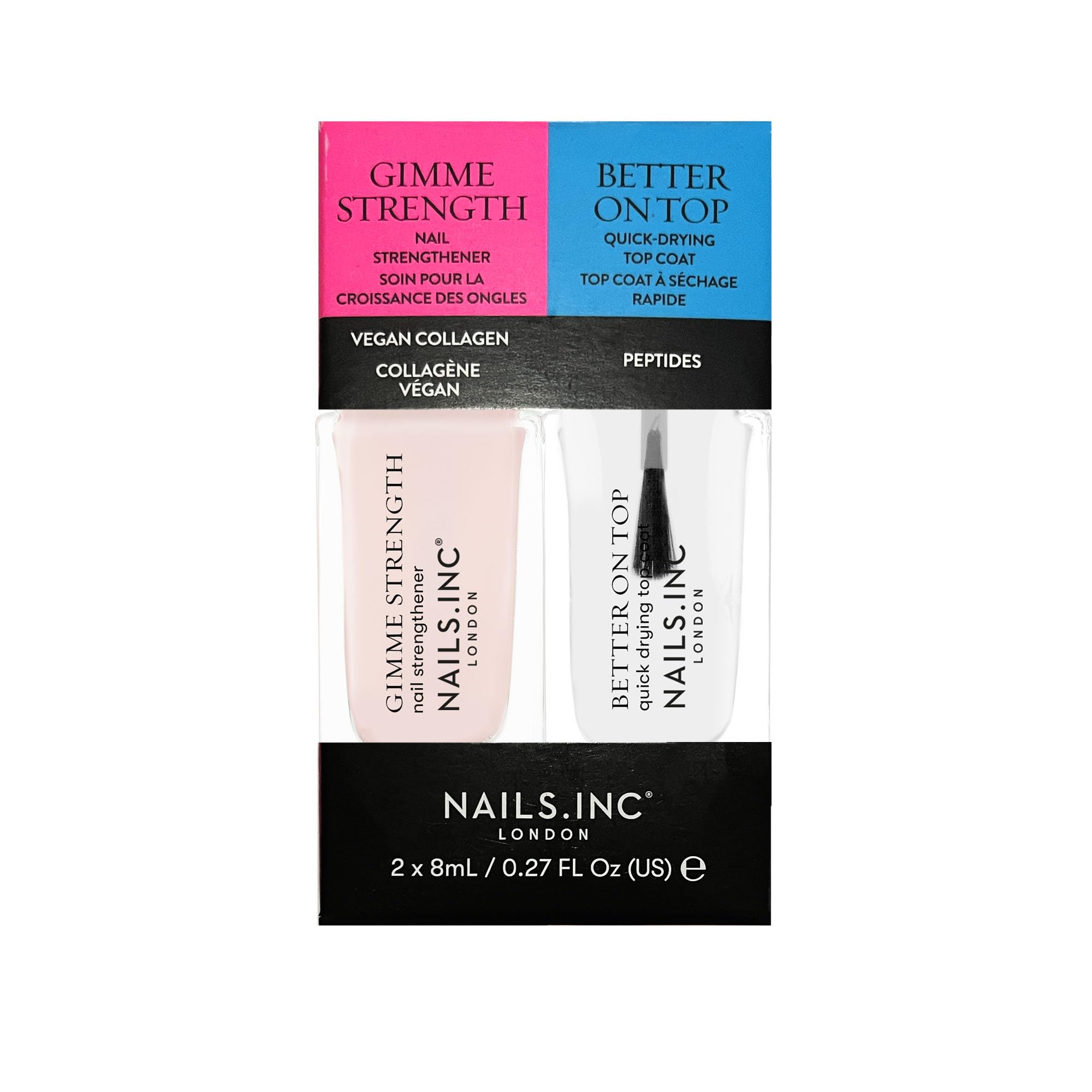 Nails.INC Mini Nail Treatment Duo, Includes Gimme Strength Nail Strengthener and Better On Top Quick Drying Top Coat, With Active Skincare Ingredients to Promote Nail Health, Cruelty Free, Vegan