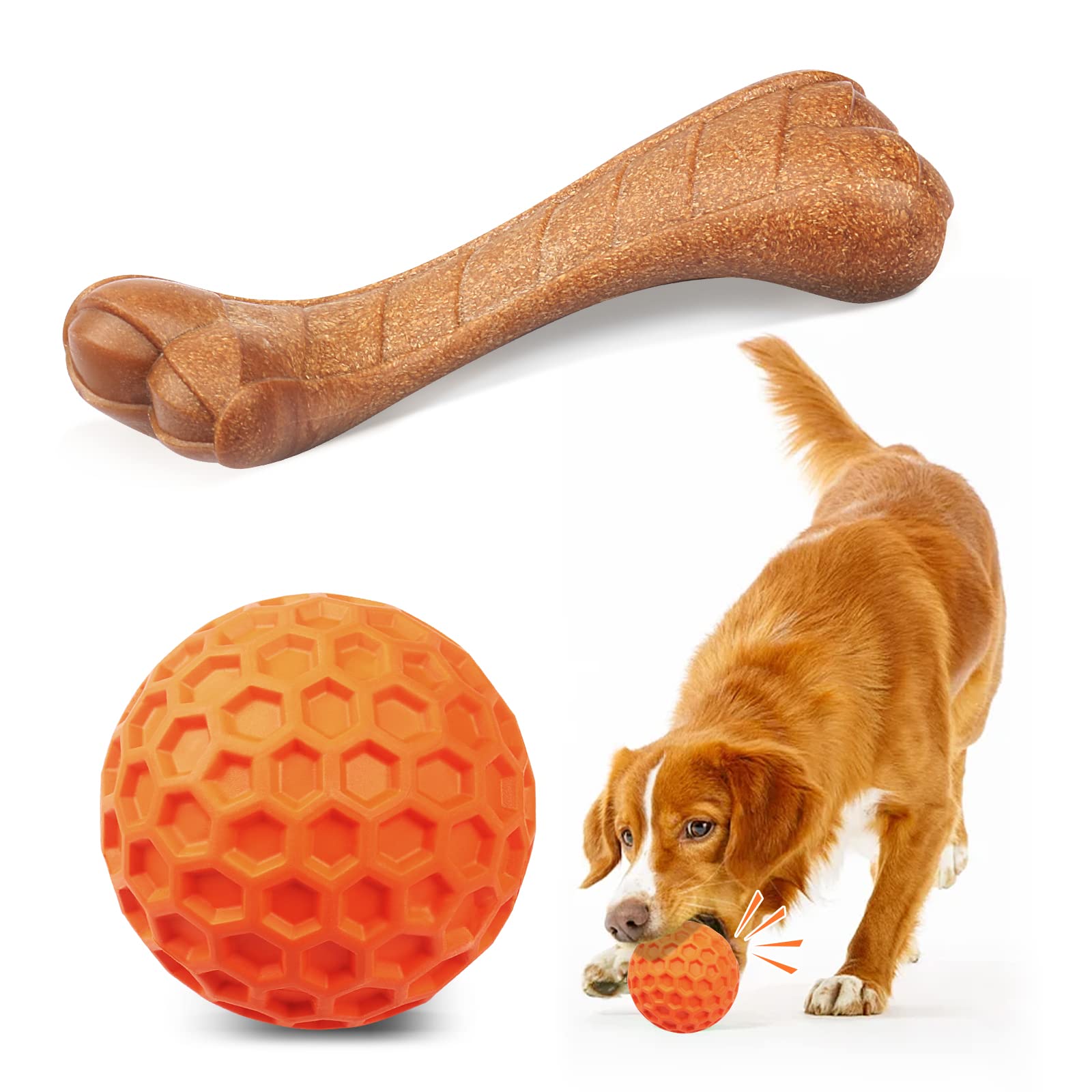 ASIJIA Dog Chew Toys for Aggressive Chewers, Durable Puppy Chew Toys for Teething, Beef Flavor Bones, A Teeth Cleaning Interactive Dog Squeaky Ball for Dogs 2 Piece Set