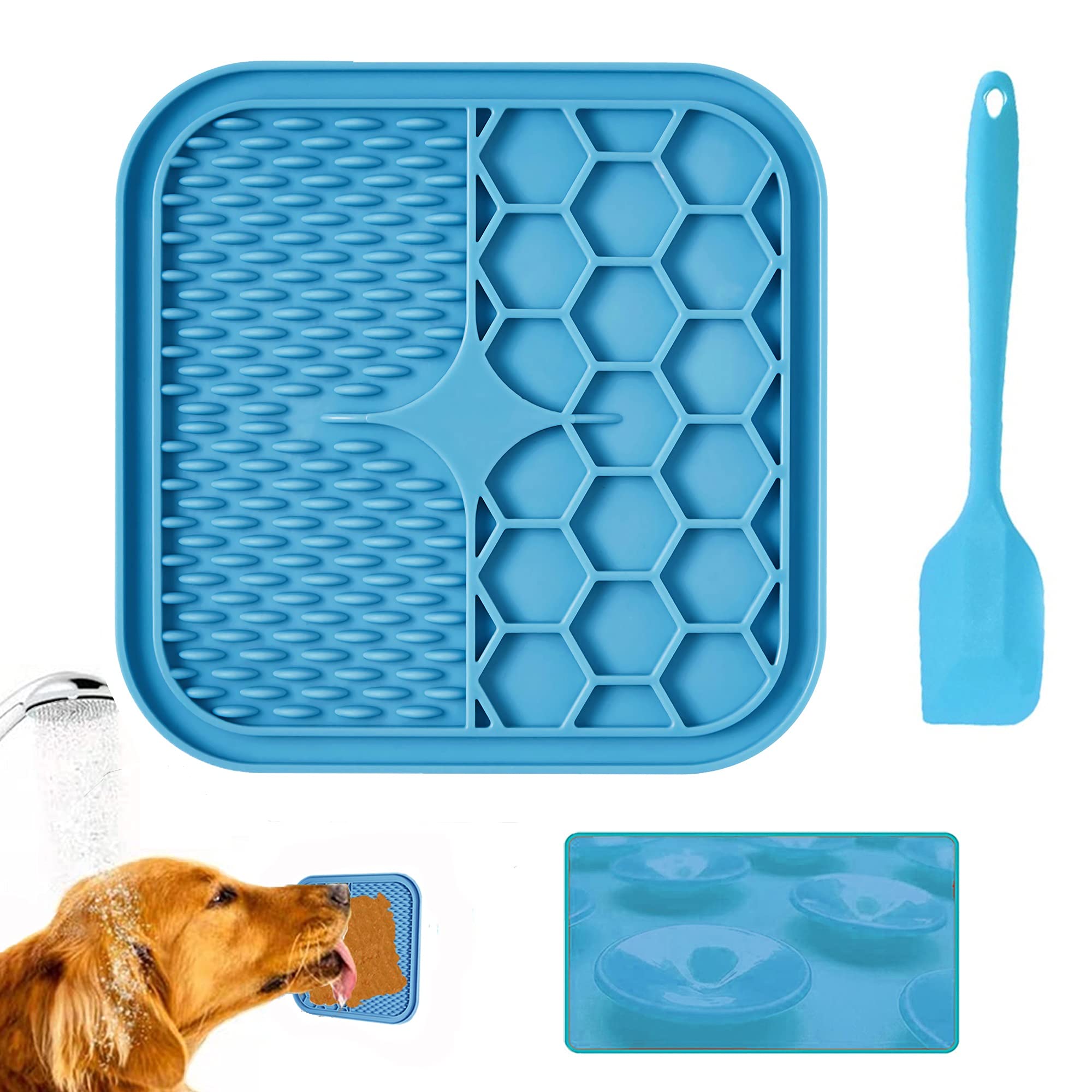 Proxima Direct Super Suction Dog Lick Mat with Treat Dispensing, Slow Feeder Peanut Butter Mat - Ideal for Pet Bathing, Grooming, and Training - Includes Extra Spatula