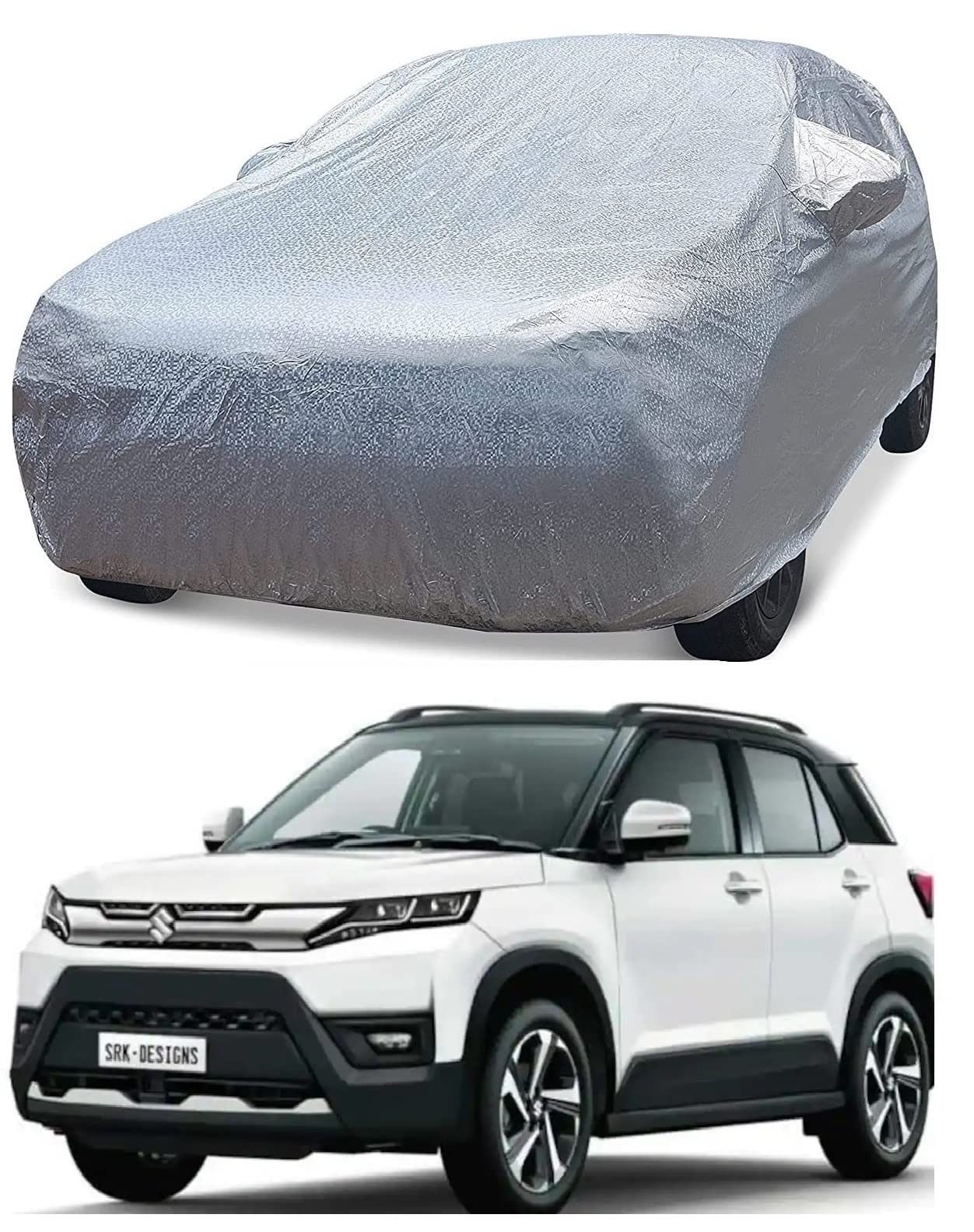 Auto Hub Car Body Cover Compatible with Maruti Brezza Model-2022-Till Date with Mirror Pockets, Waterproof Car Cover, Metallic Silver