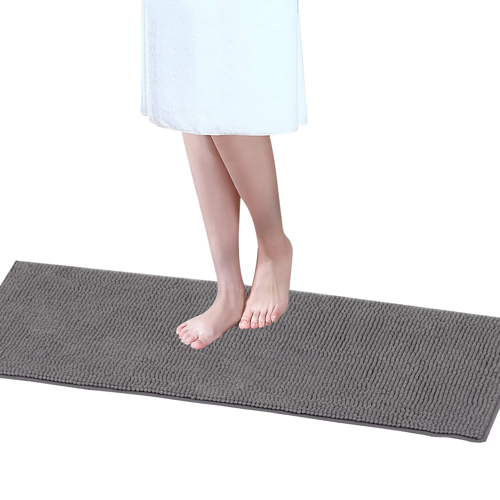 XIYUNTE Grey Bath Mat - 140 x 50cm Chenille Non Slip Bath Mats for Bathroom, Super Absorbent Bathroom Rug Floor Mat, Soft Shaggy Bathroom Mats for Shower, Tub and Floor, Machine Washable