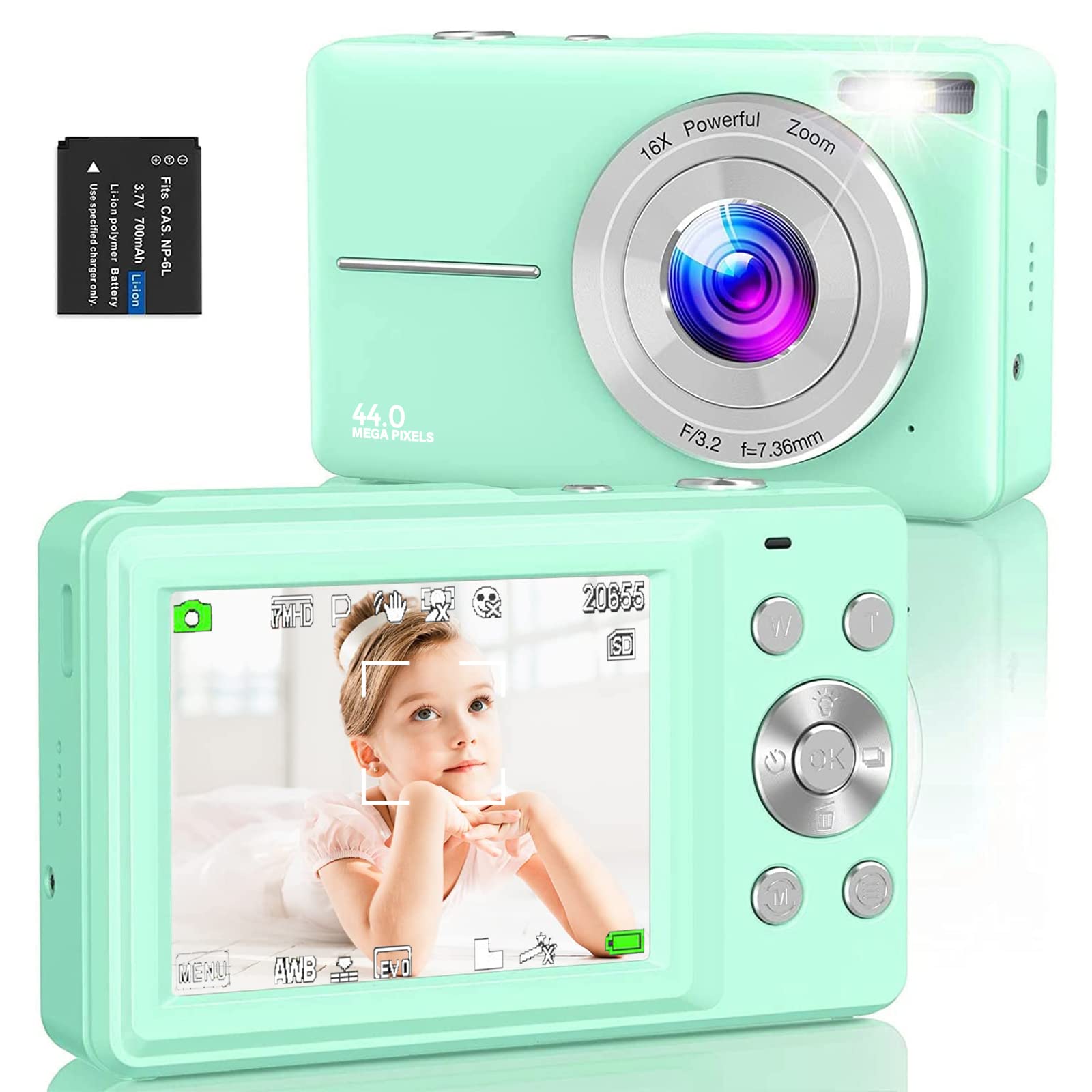 Digital Camera,Amdeurdi Vlogging Camera Rechargeable Digital Cameras with 16x Zoom Compact Camera FHD 1080P 44MP Compact Digital Camera for Beginner Photography with 1 Battery - Green