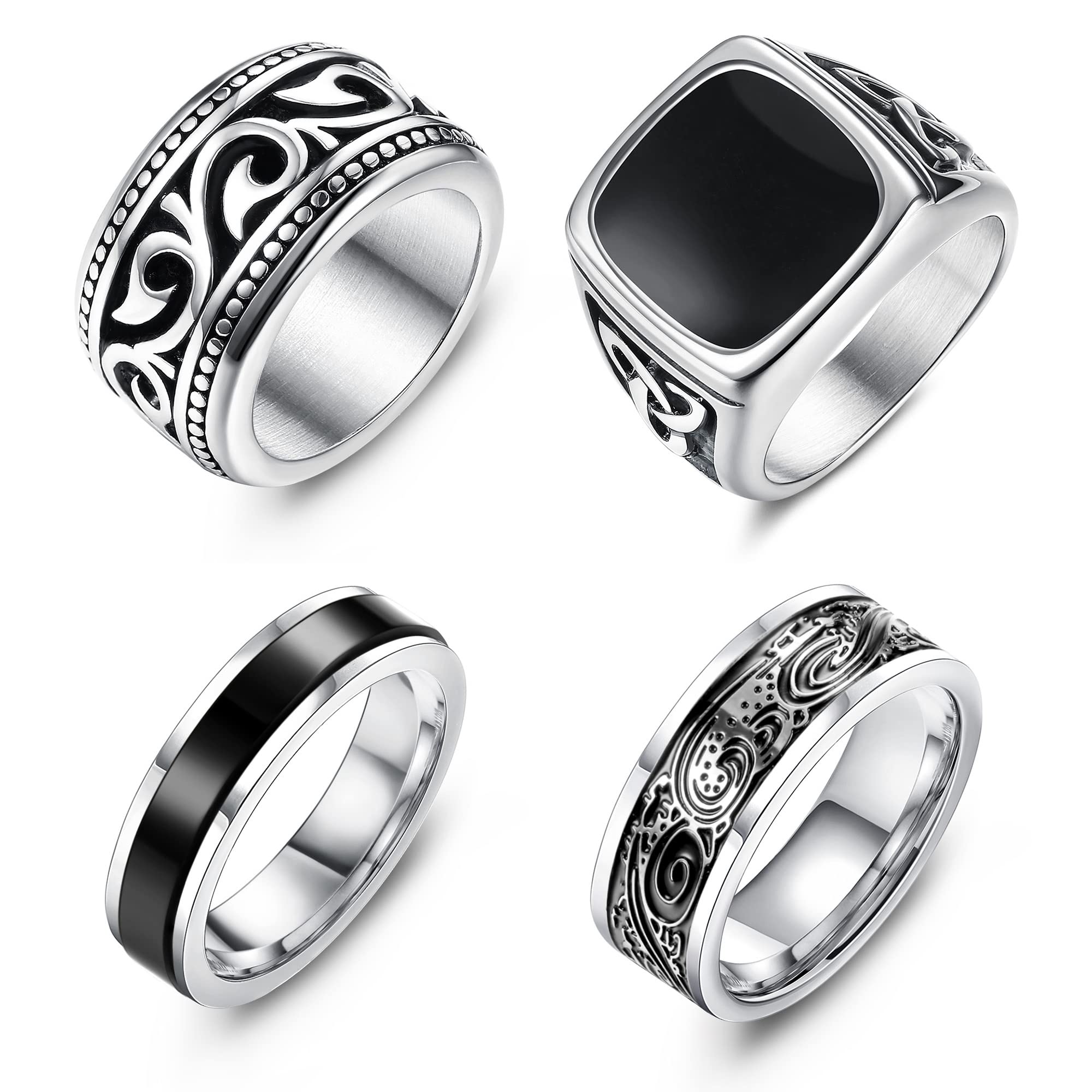 Jstyle4Pcs Stainless Steel Vintage Signet Rings for Men Biker Rings Set Pinky Thumb Celtic Band Ring Spinner Ring Silver Gold Polished Edge Mens Rings for Men Jewelry Gift