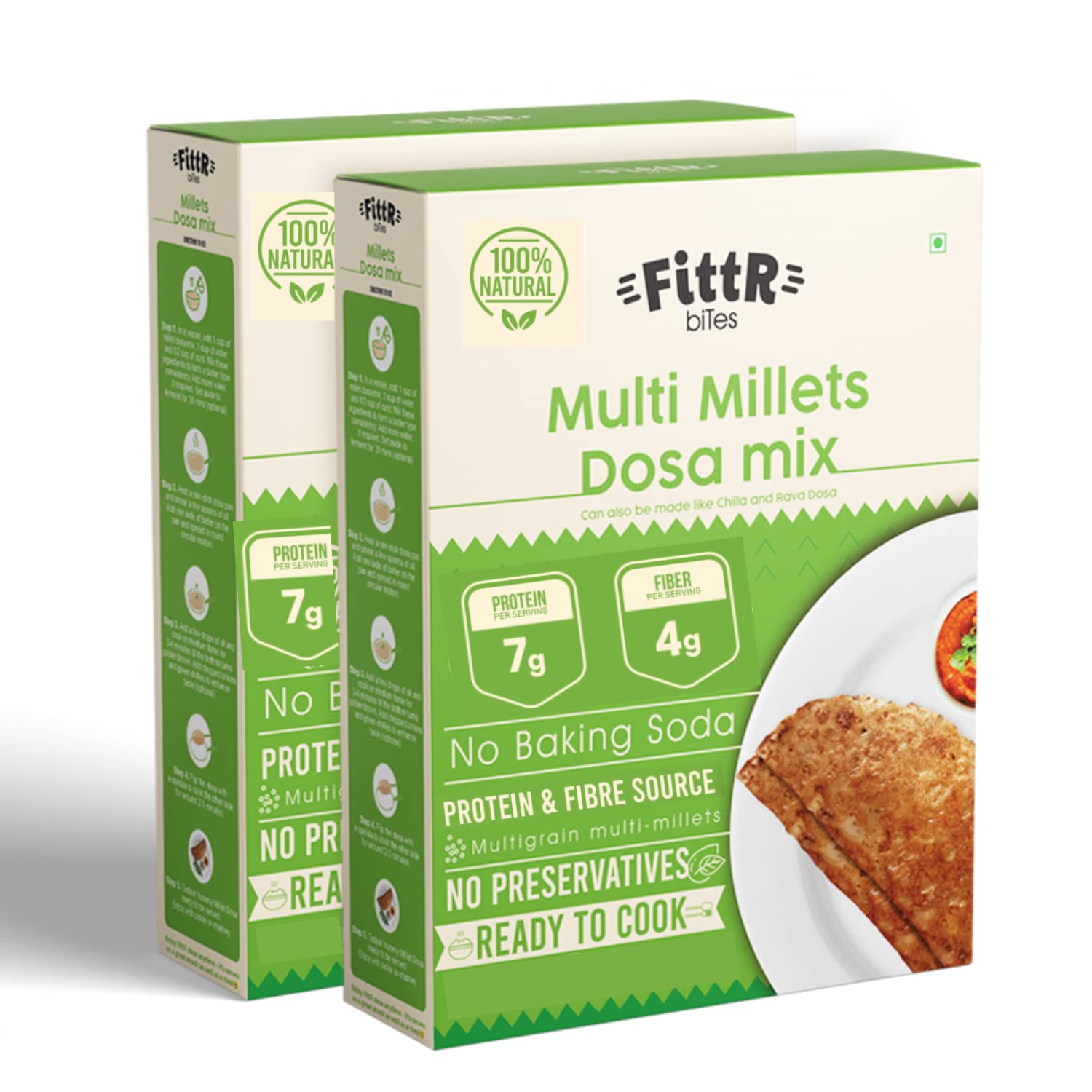 FittR bites Multi Millets Dosa Instant Mix, NO RICE, Pack of Two, 2 X 200 GMS, Healthy Breakfast, Protein Rich, GLUTEN FREE, DIET Foods, Weight Loss, Can be added to Roti flour - Fittrbites