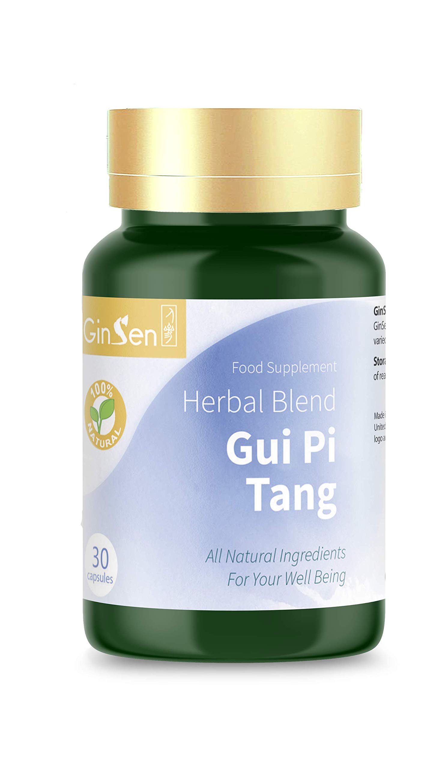 GinSen GUI Pi Tang Helps with Anemia, Tiredness, Anxiety, Stress, Iron Deficiency, Sleeplessness, Calms Mind, Natural Supplement, Chinese Medicine (30 Capsules)